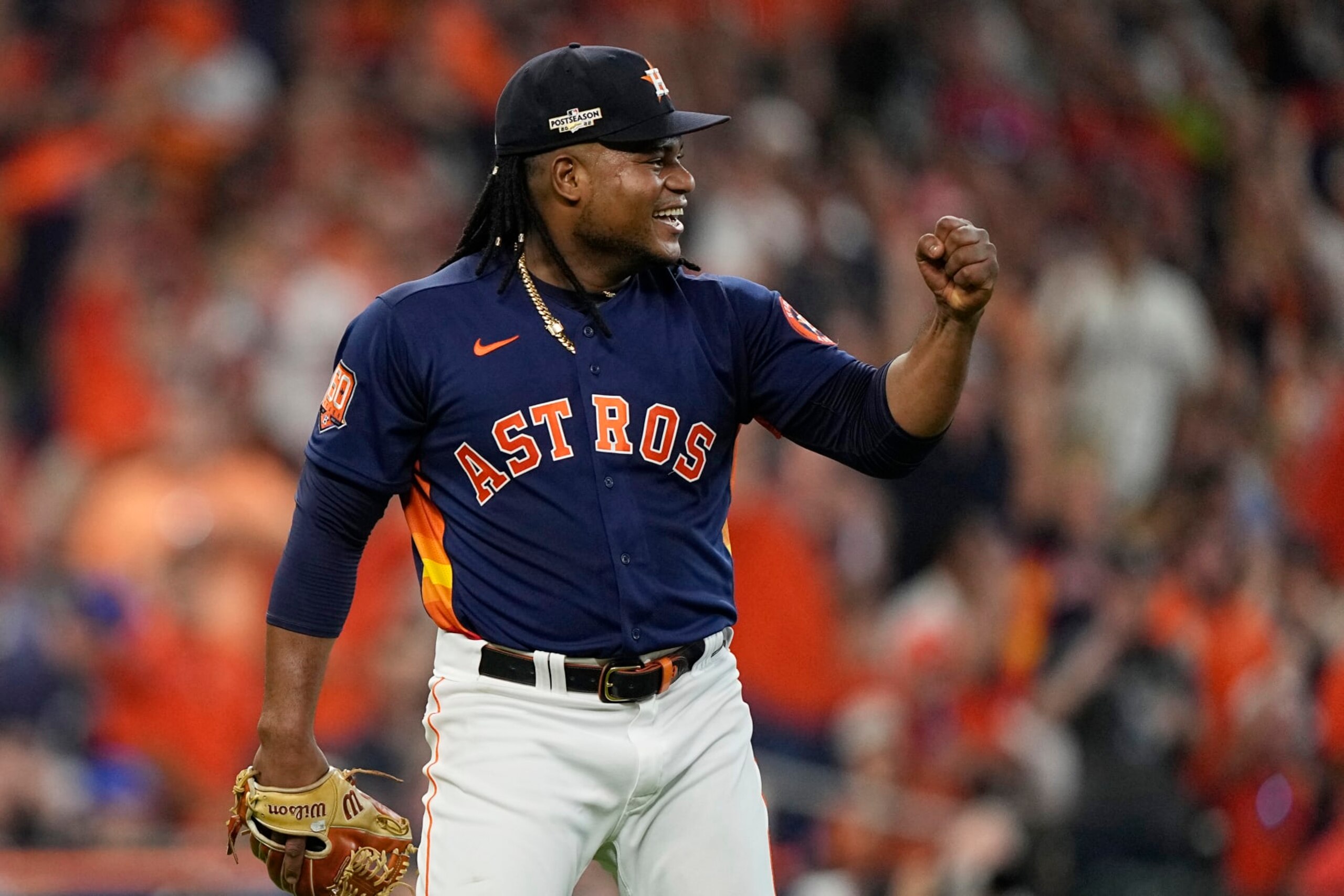 Houston Astros starting pitcher Framber Valdez reacts after the third out during the third inning in Game 2 of an American League Division Series baseball game against the Seattle Mariners in Houston, Thursday, Oct. 13, 2022. (AP Photo/David J. Phillip)