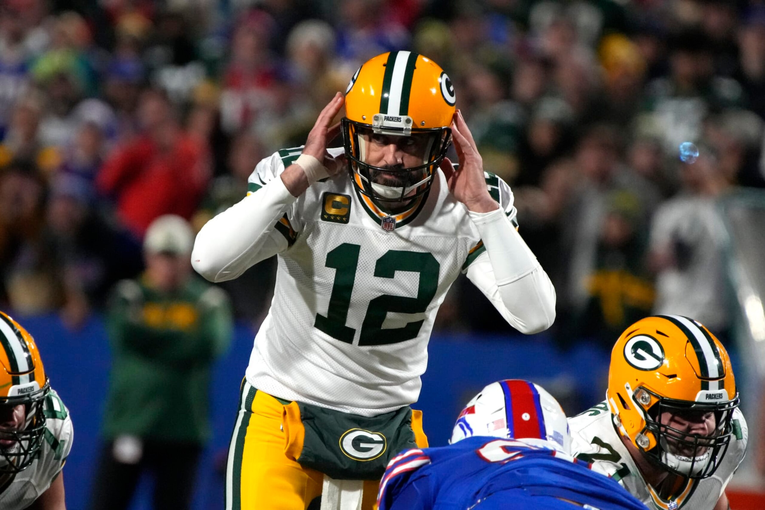 Green Bay Packers quarterback Aaron Rodgers (12) calls out a play against the Buffalo Bills during the first half of an NFL football game, Sunday, Oct. 30, 2022, in Buffalo, N.Y. (AP Photo/Rick Scuteri) Green Bay Packers quarterback Aaron Rodgers (12) calls out a play against the Buffalo Bills during the first half of an NFL football game, Sunday, Oct. 30, 2022, in Buffalo, N.Y. (AP Photo/Rick Scuteri)