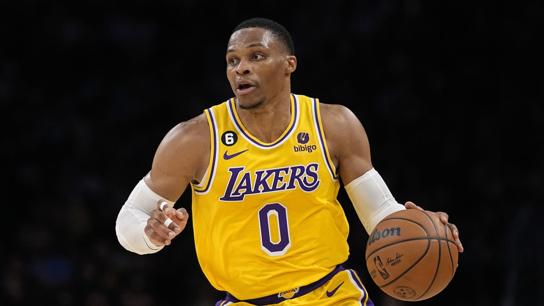 Los Angeles Lakers guard Russell Westbrook dribbles during the second half of an NBA basketball game against the New Orleans Pelicans Wednesday, Nov. 2, 2022, in Los Angeles. (AP Photo/Mark J. Terrill)