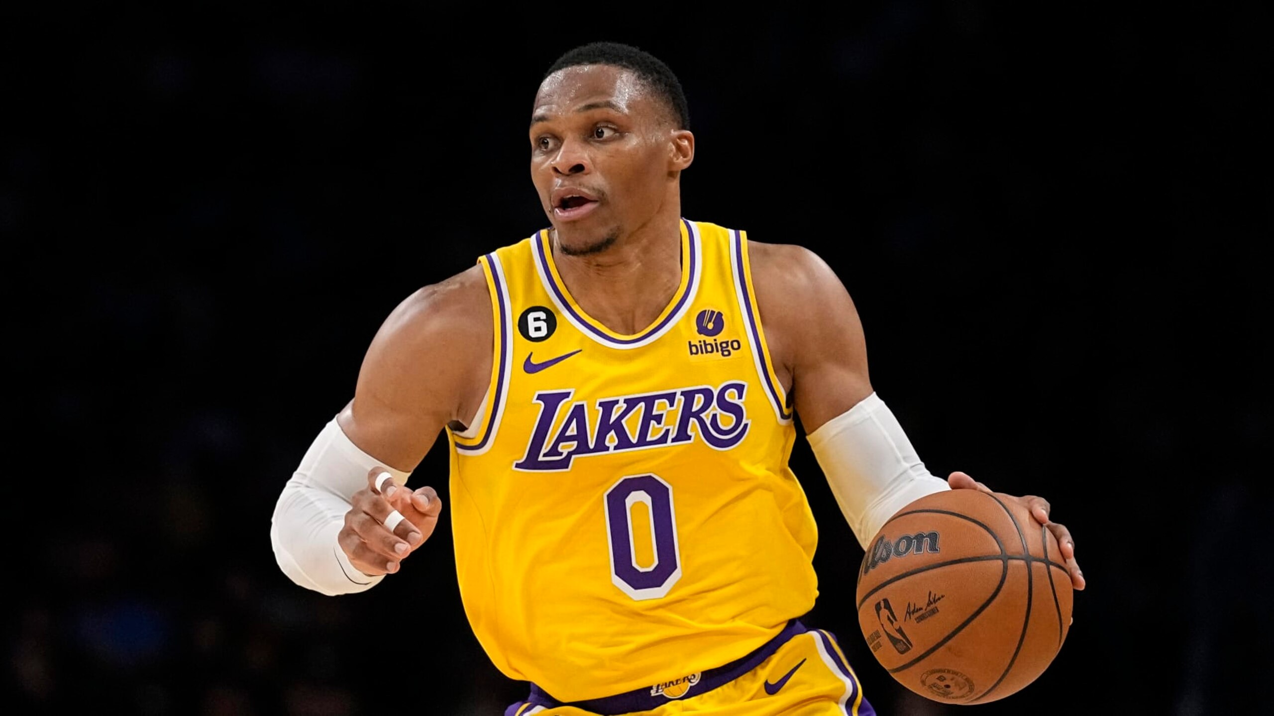 Los Angeles Lakers guard Russell Westbrook dribbles during the second half of an NBA basketball game against the New Orleans Pelicans Wednesday, Nov. 2, 2022, in Los Angeles. (AP Photo/Mark J. Terrill) Los Angeles Lakers guard Russell Westbrook dribbles during the second half of an NBA basketball game against the New Orleans Pelicans Wednesday, Nov. 2, 2022, in Los Angeles. (AP Photo/Mark J. Terrill)