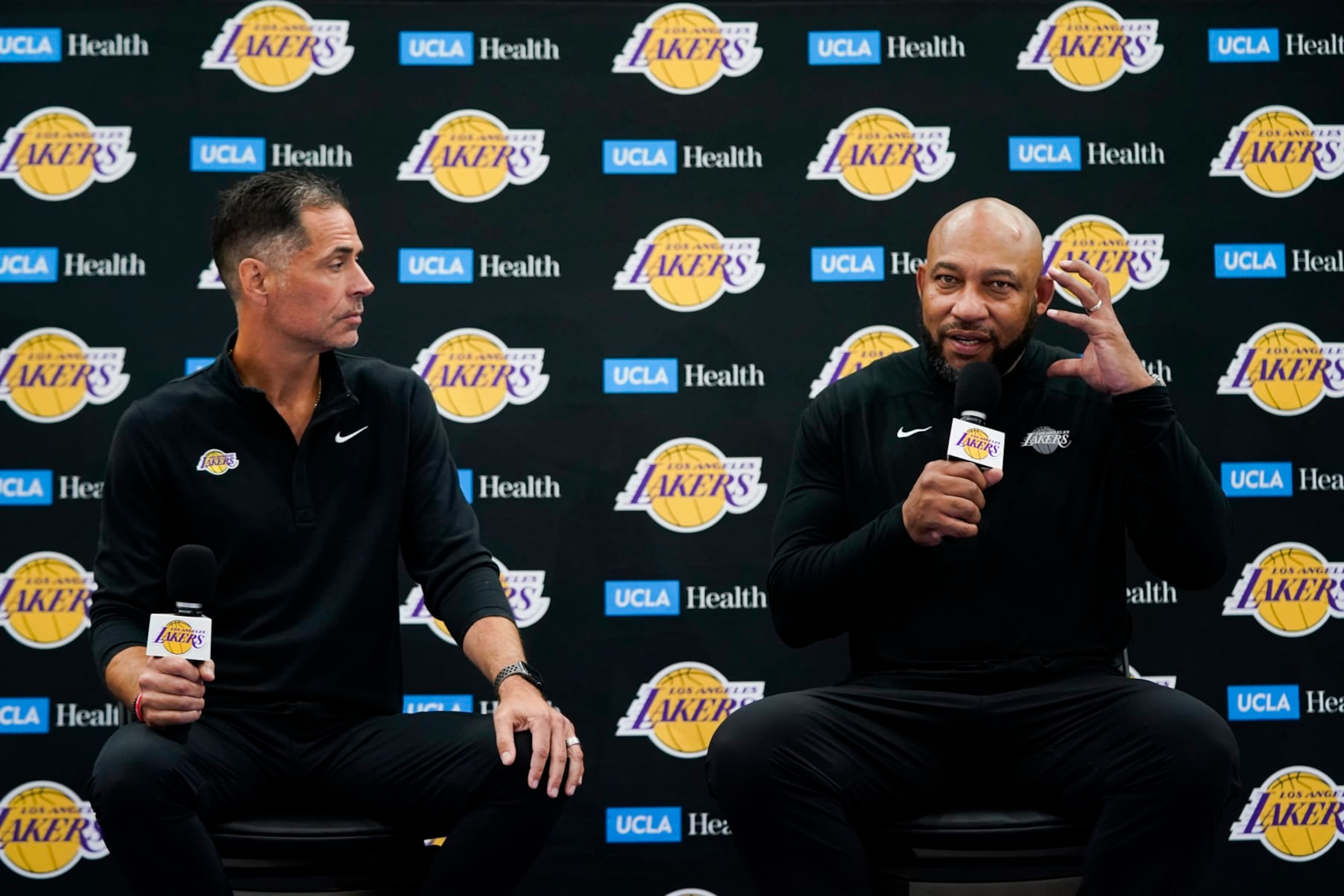 Los Angeles Lakers head coach Darvin Ham, right, speaks as he is joined by general manager Rob Pelinka during a news conference at the NBA basketball team's Media Day, Monday, Sept. 26, 2022, in El Segundo, Calif. (AP Photo/Jae C. Hong) Los Angeles Lakers head coach Darvin Ham, right, speaks as he is joined by general manager Rob Pelinka during a news conference at the NBA basketball team's Media Day, Monday, Sept. 26, 2022, in El Segundo, Calif. (AP Photo/Jae C. Hong)
