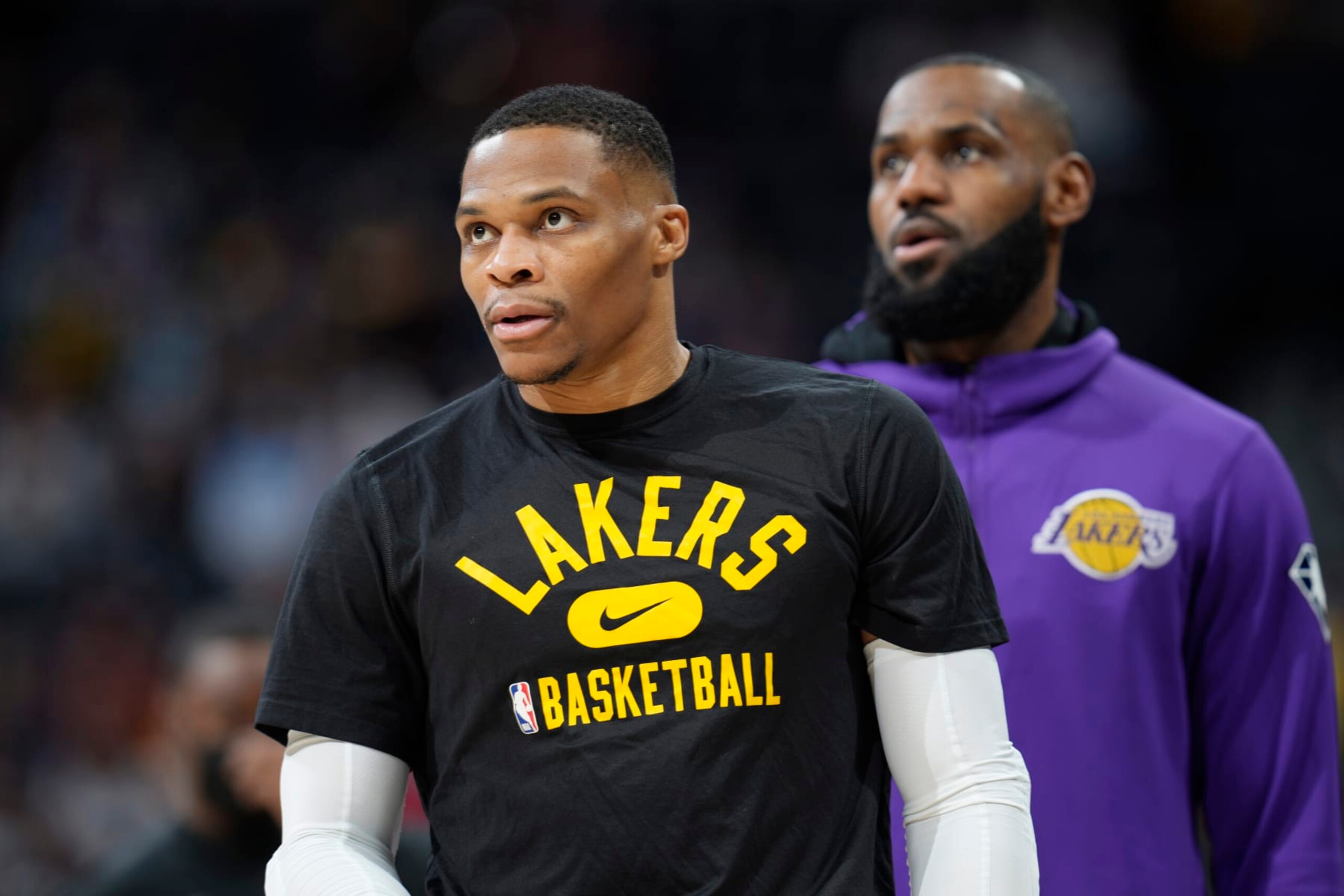 Los Angeles Lakers guard Russell Westbrook, front, warms up with forward LeBron James before the first half of an NBA basketball game against the Denver Nuggets Saturday Jan. 15, 2022, in Denver. (AP Photo/David Zalubowski) Los Angeles Lakers guard Russell Westbrook, front, warms up with forward LeBron James before the first half of an NBA basketball game against the Denver Nuggets Saturday Jan. 15, 2022, in Denver. (AP Photo/David Zalubowski)