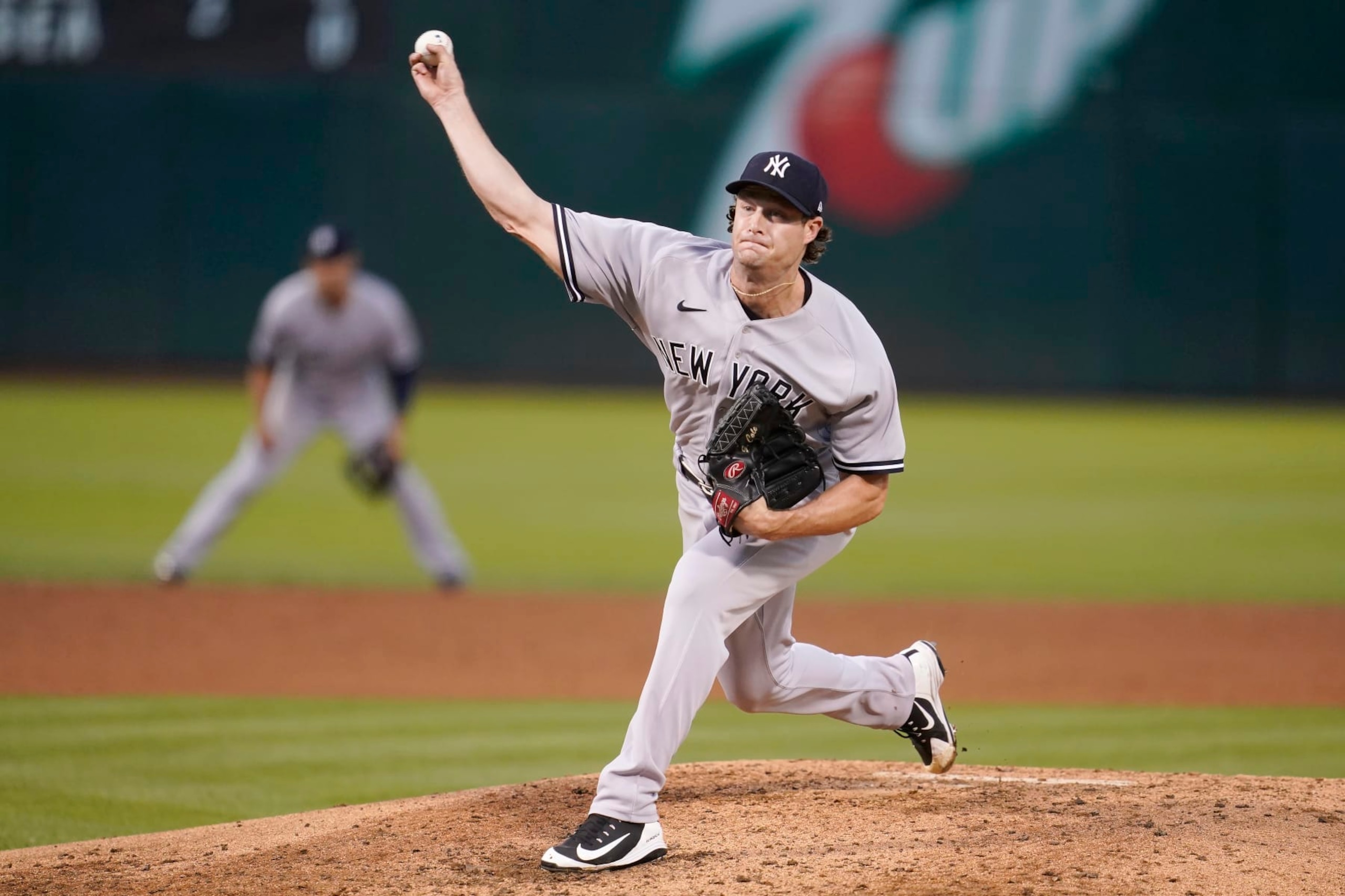 New York Yankees' Gerrit Cole pitches against the Oakland Athletics during the third inning of a baseball game in Oakland, Calif., Friday, Aug. 26, 2022. (AP Photo/Jeff Chiu)