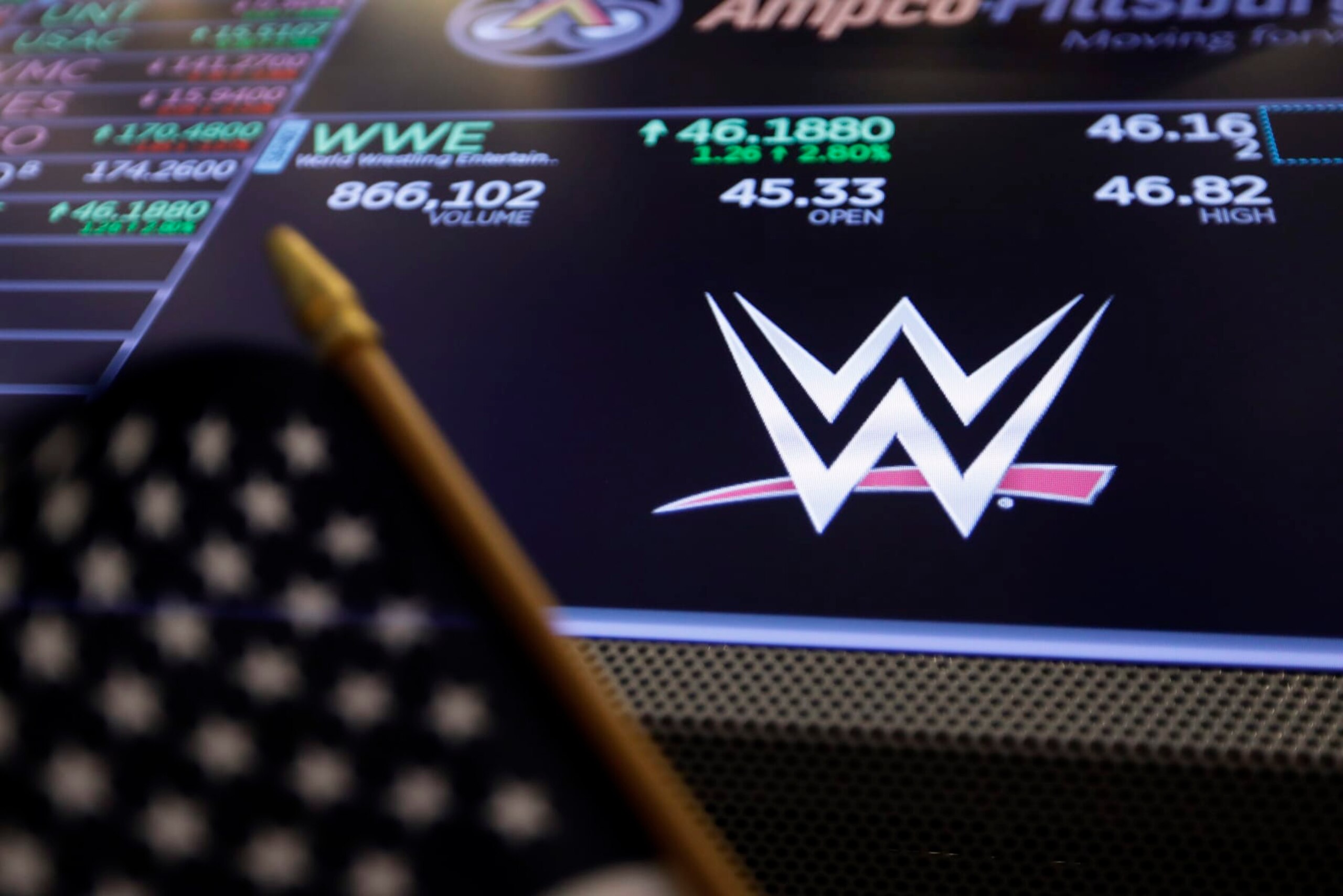 FILE - The logo for World Wrestling Entertainment, Inc., WWE, appears above a trading post on the floor of the New York Stock Exchange, Tuesday, Feb. 18, 2020. Vince McMahon is voluntarily stepping back from his roles as CEO and chairman at WWE, Friday, June 17, 2022, as the sports entertainment company performs an investigation into alleged misconduct related to a relationship with a former employee. (AP Photo/Richard Drew, File) FILE - The logo for World Wrestling Entertainment, Inc., WWE, appears above a trading post on the floor of the New York Stock Exchange, Tuesday, Feb. 18, 2020. Vince McMahon is voluntarily stepping back from his roles as CEO and chairman at WWE, Friday, June 17, 2022, as the sports entertainment company performs an investigation into alleged misconduct related to a relationship with a former employee. (AP Photo/Richard Drew, File)