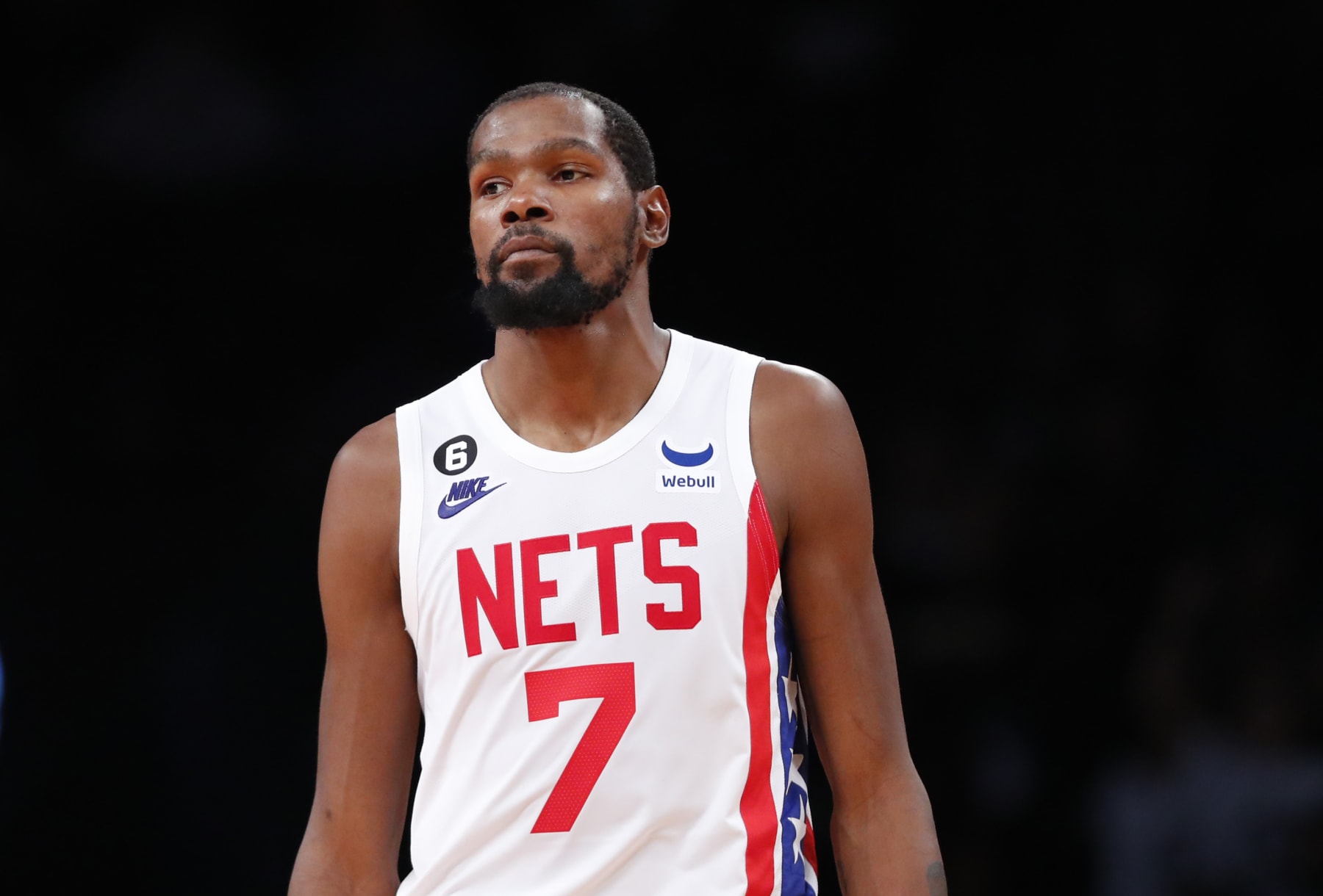 Brooklyn Nets forward Kevin Durant (7) reacts after losing to the Indiana Pacers in an NBA basketball game Saturday, Oct. 29, 2022, in New York. (AP Photo/Noah K. Murray)