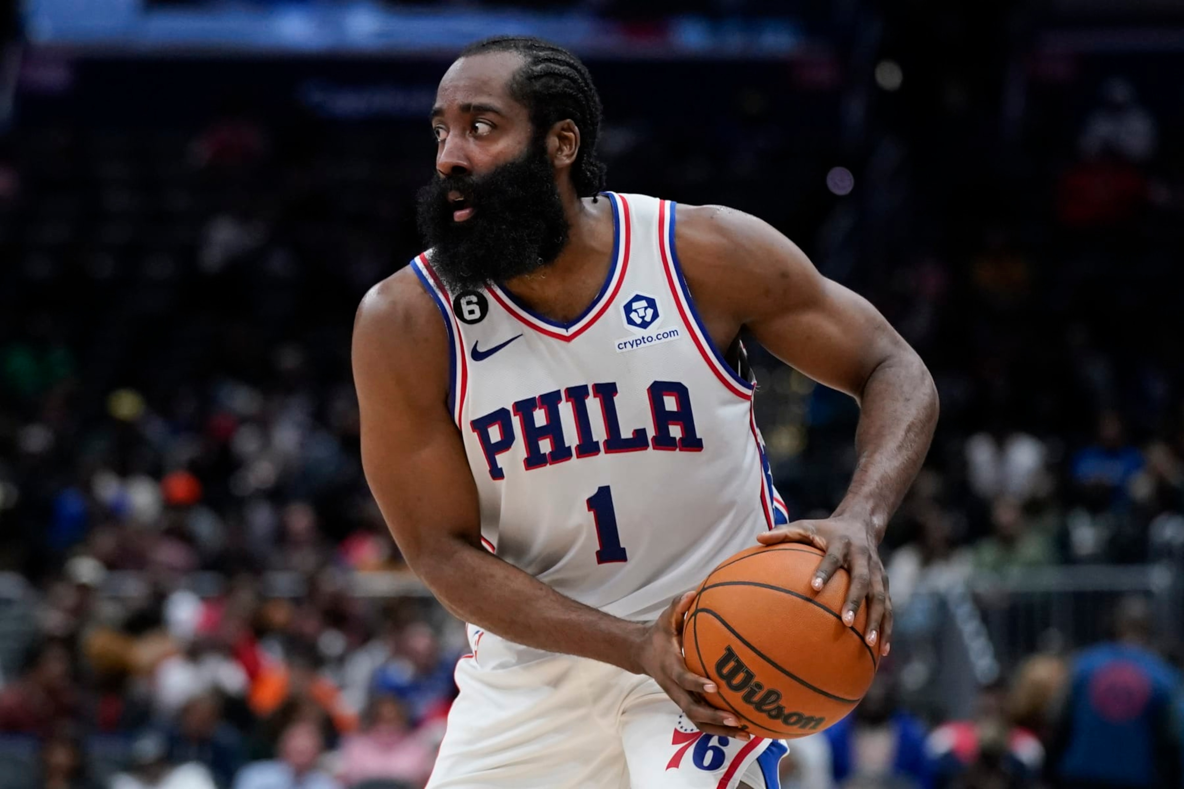 Philadelphia 76ers guard James Harden drives the ball in the second half of an NBA basketball game against the Washington Wizards, Monday, Oct. 31, 2022, in Washington. (AP Photo/Patrick Semansky) Philadelphia 76ers guard James Harden drives the ball in the second half of an NBA basketball game against the Washington Wizards, Monday, Oct. 31, 2022, in Washington. (AP Photo/Patrick Semansky)