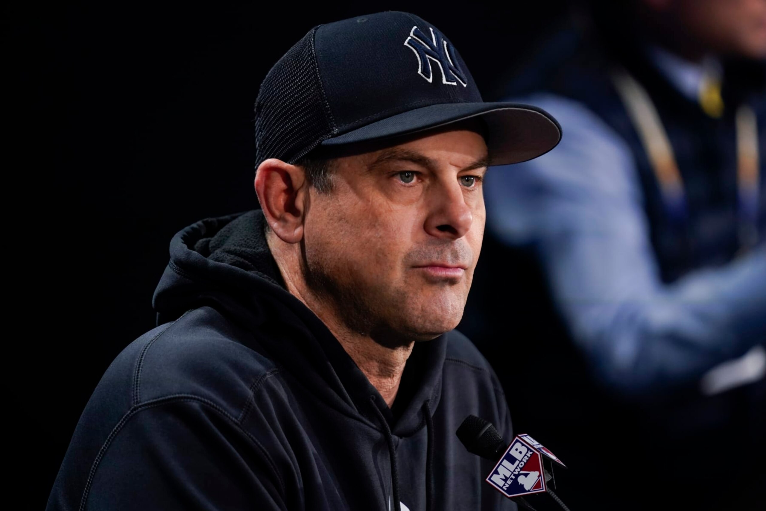 New York Yankees manager Aaron Boone speaks to reporters before a Game 4 of an American League Championship baseball series at Yankee Stadium, Sunday, Oct. 23, 2022, in New York. (AP Photo/Seth Wenig) New York Yankees manager Aaron Boone speaks to reporters before a Game 4 of an American League Championship baseball series at Yankee Stadium, Sunday, Oct. 23, 2022, in New York. (AP Photo/Seth Wenig)