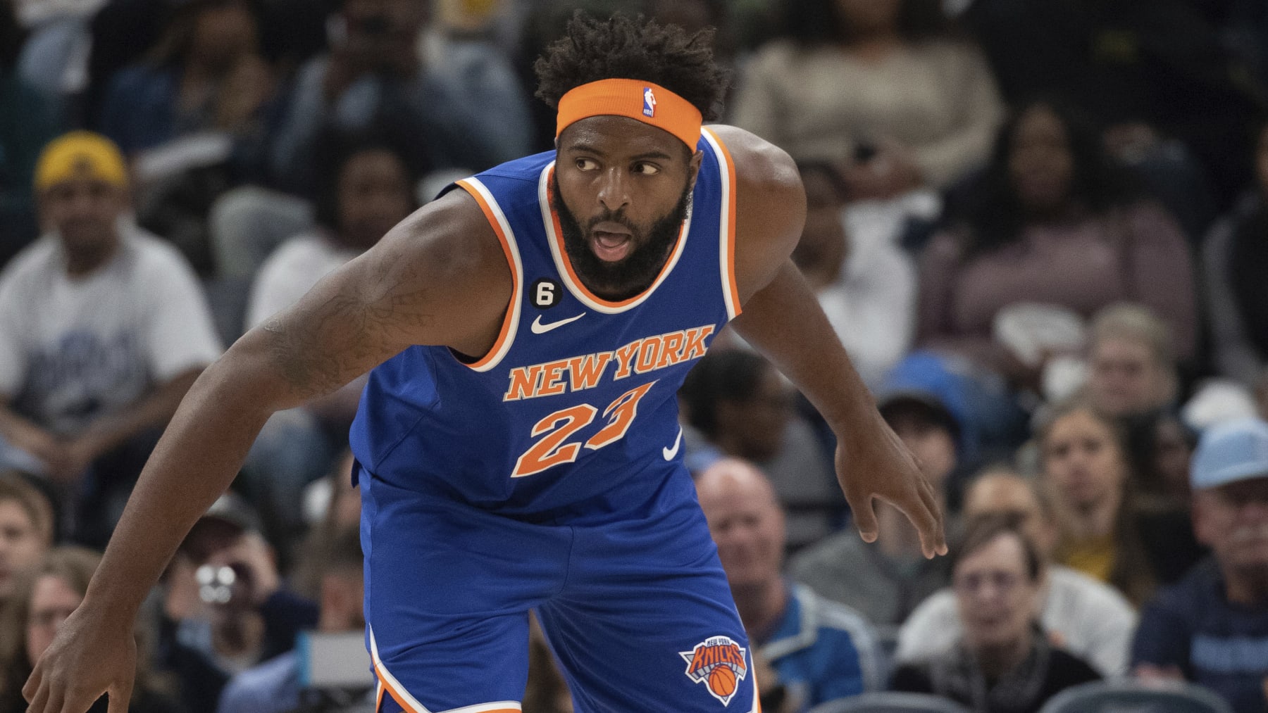 New York Knicks center Mitchell Robinson plays against the Memphis Grizzlies in an NBA basketball game Wednesday, Oct. 19, 2022, in Memphis, Tenn. (AP Photo/Nikki Boertman)