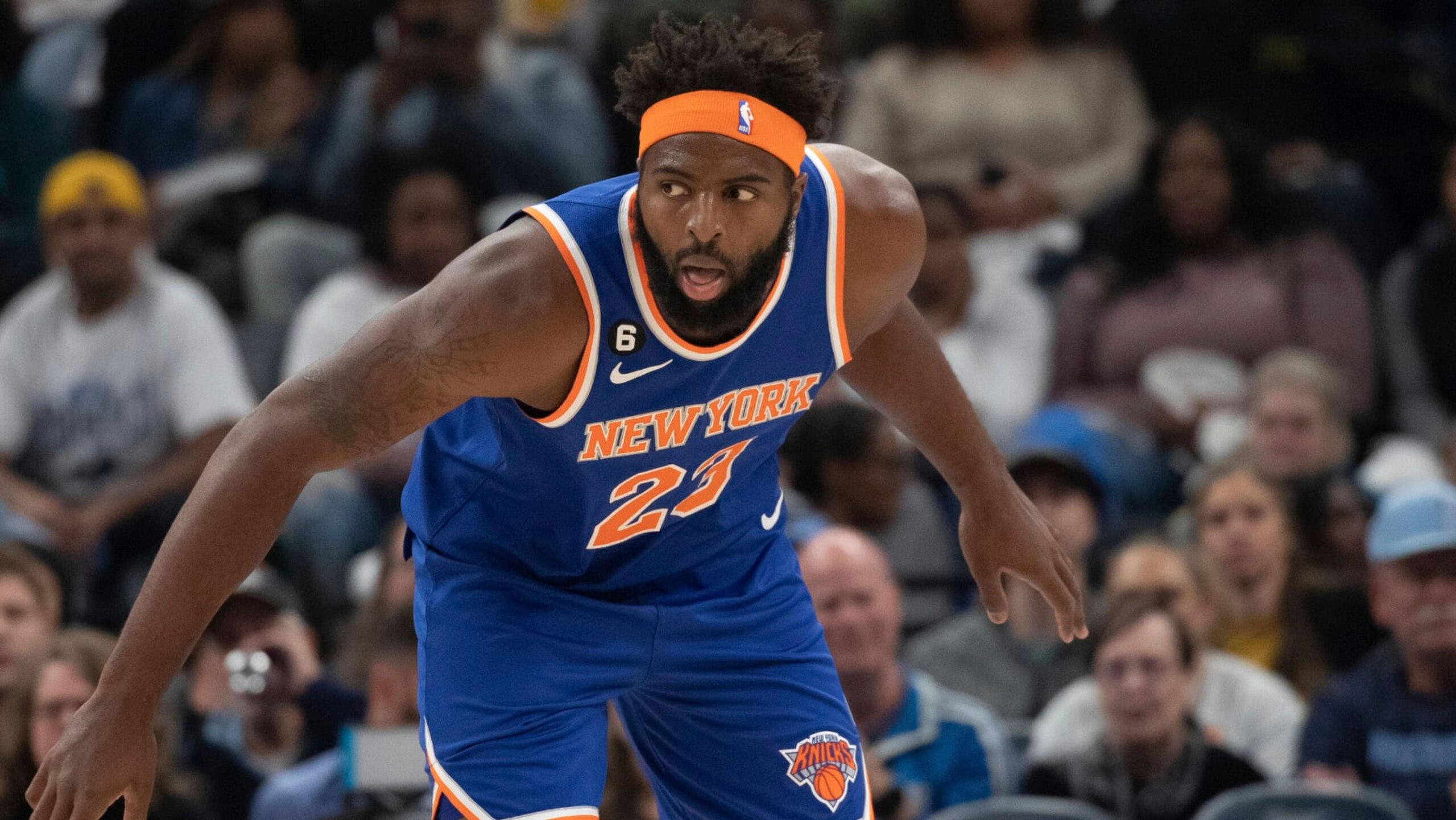 New York Knicks center Mitchell Robinson plays against the Memphis Grizzlies in an NBA basketball game Wednesday, Oct. 19, 2022, in Memphis, Tenn. (AP Photo/Nikki Boertman)