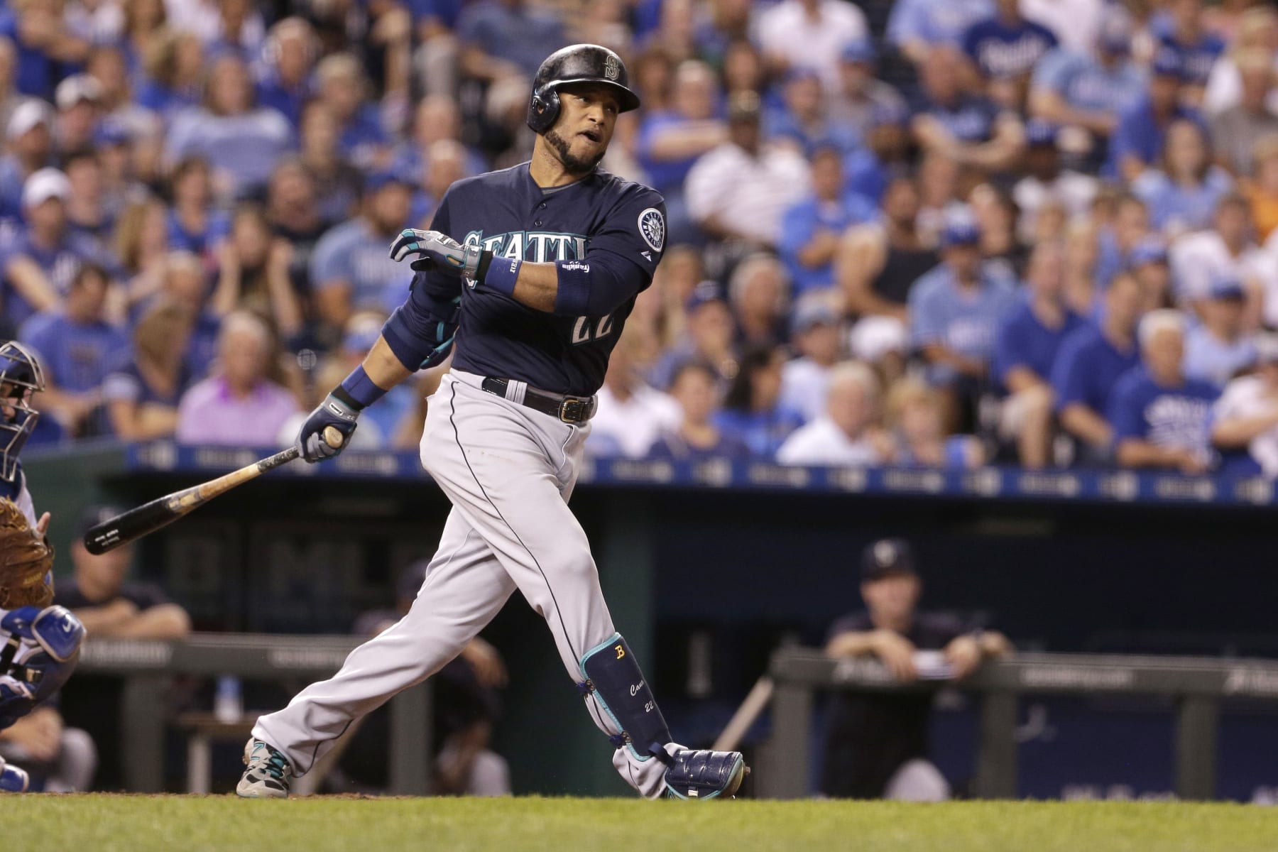 Seattle Mariners' Robinson Cano bats during the eighth inning of a baseball game against the Kansas City Royals Wednesday, Sept. 23, 2015, in Kansas City, Mo. (AP Photo/Charlie Riedel)