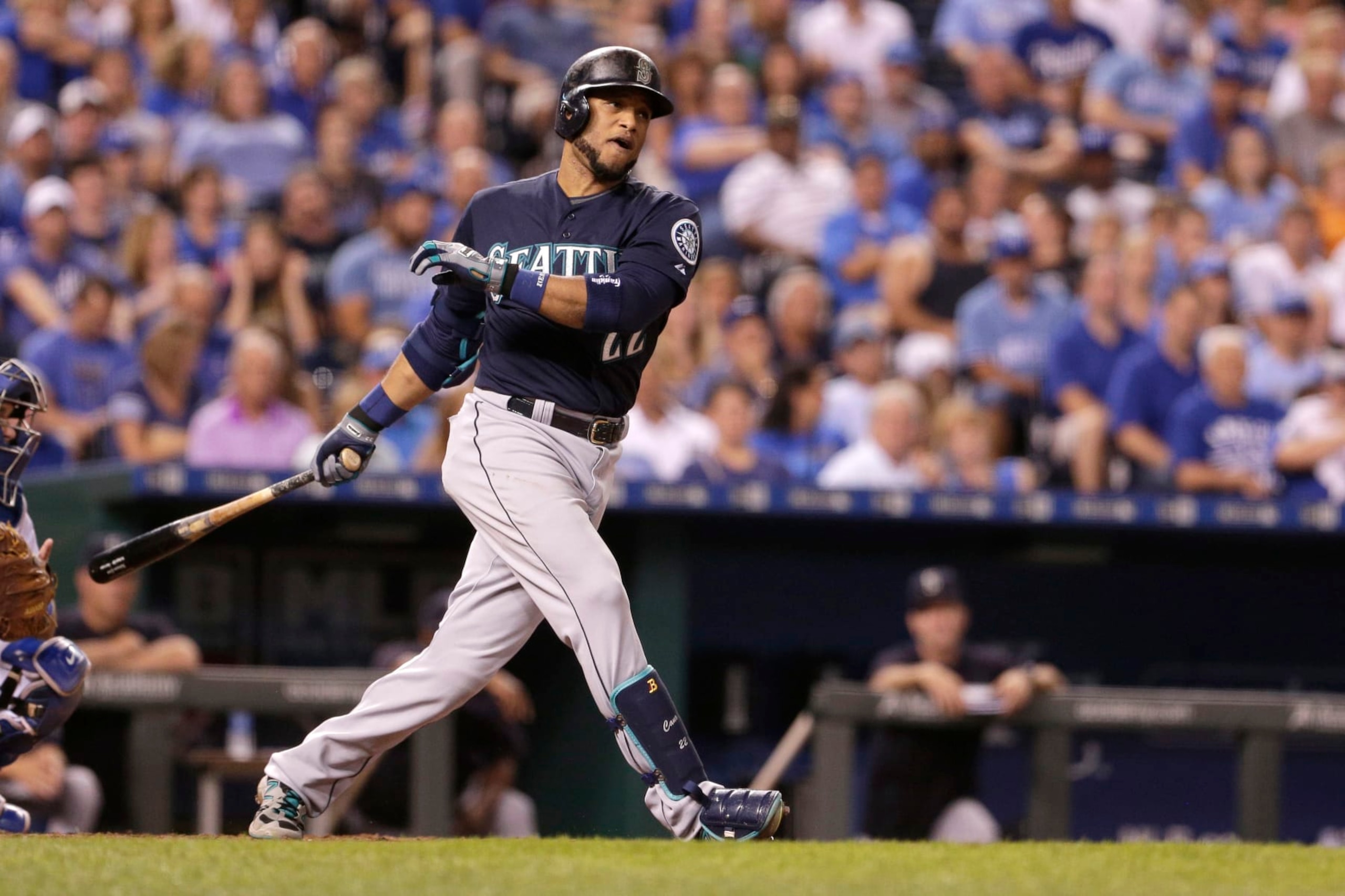 Seattle Mariners' Robinson Cano bats during the eighth inning of a baseball game against the Kansas City Royals Wednesday, Sept. 23, 2015, in Kansas City, Mo. (AP Photo/Charlie Riedel)