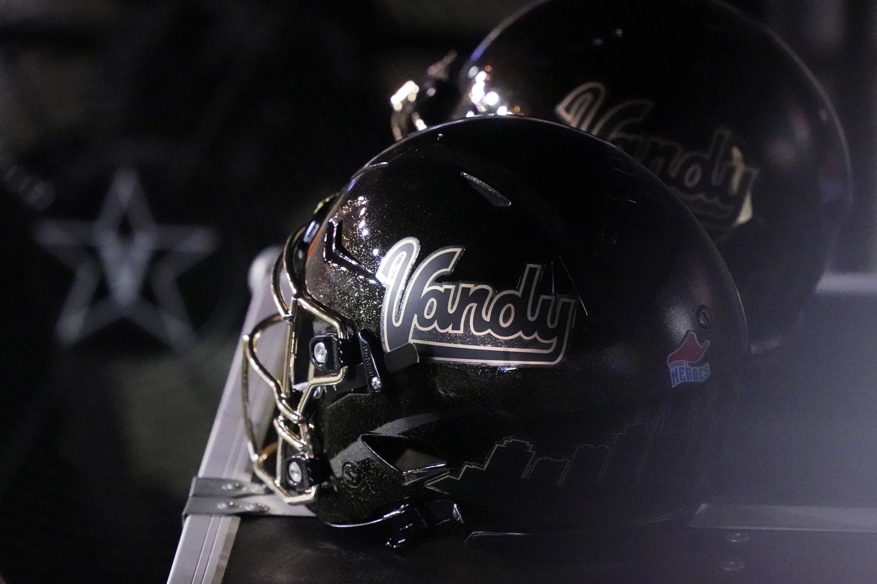 Vanderbilt helmets sit on an equipment trunk in the second half of an NCAA college football game against LSU Saturday, Oct. 3, 2020, in Nashville, Tenn. (AP Photo/Mark Humphrey)