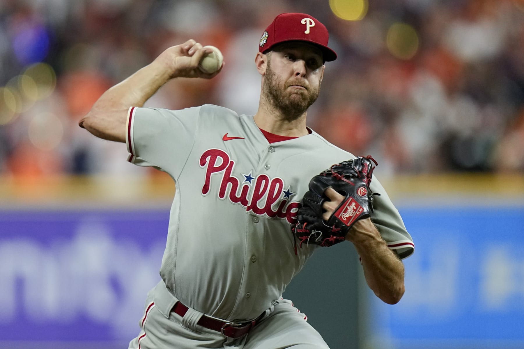 Philadelphia Phillies' Zack Wheeler throws during the first inning in Game 2 of baseball's World Series between the Houston Astros and the Philadelphia Phillies on Saturday, Oct. 29, 2022, in Houston. (AP Photo/Eric Gay)