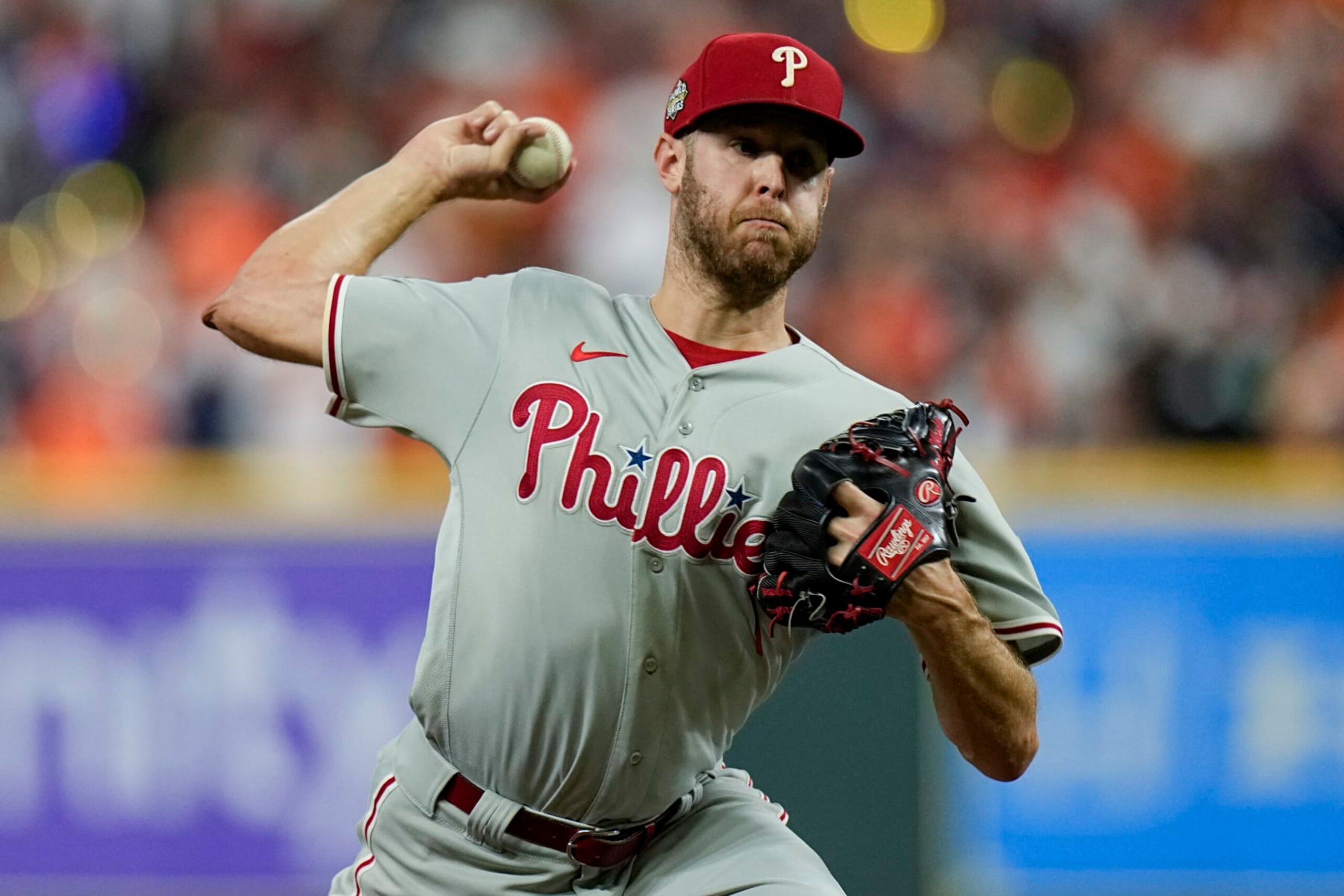 Philadelphia Phillies' Zack Wheeler throws during the first inning in Game 2 of baseball's World Series between the Houston Astros and the Philadelphia Phillies on Saturday, Oct. 29, 2022, in Houston. (AP Photo/Eric Gay)