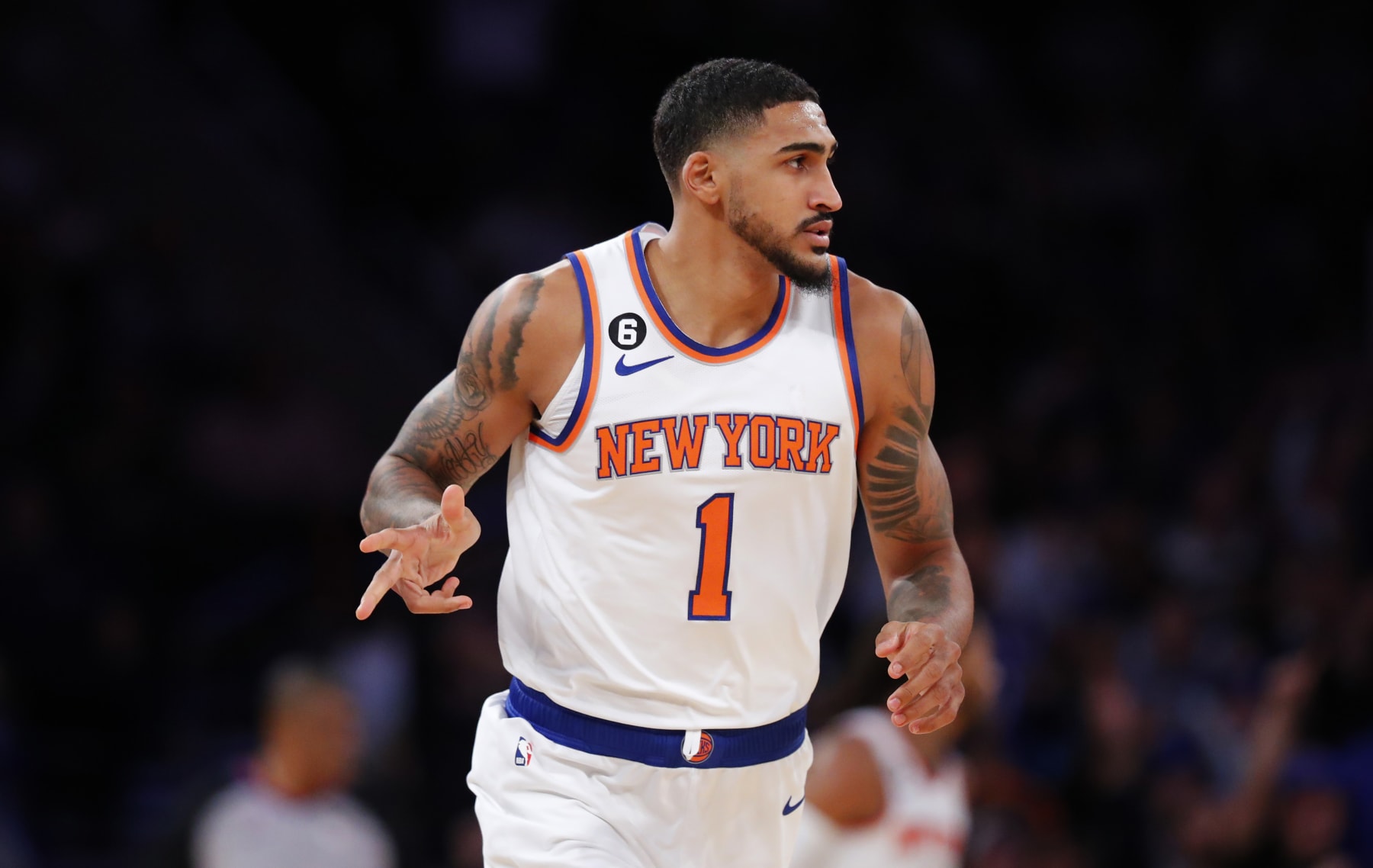 New York Knicks forward Obi Toppin (1) reacts after making a three point shot against the Charlotte Hornets during the second half of an NBA basketball game in New York. Wednesday, Oct. 26, 2022. The New York Knicks won in overtime 134-131. (AP Photo/Noah K. Murray)