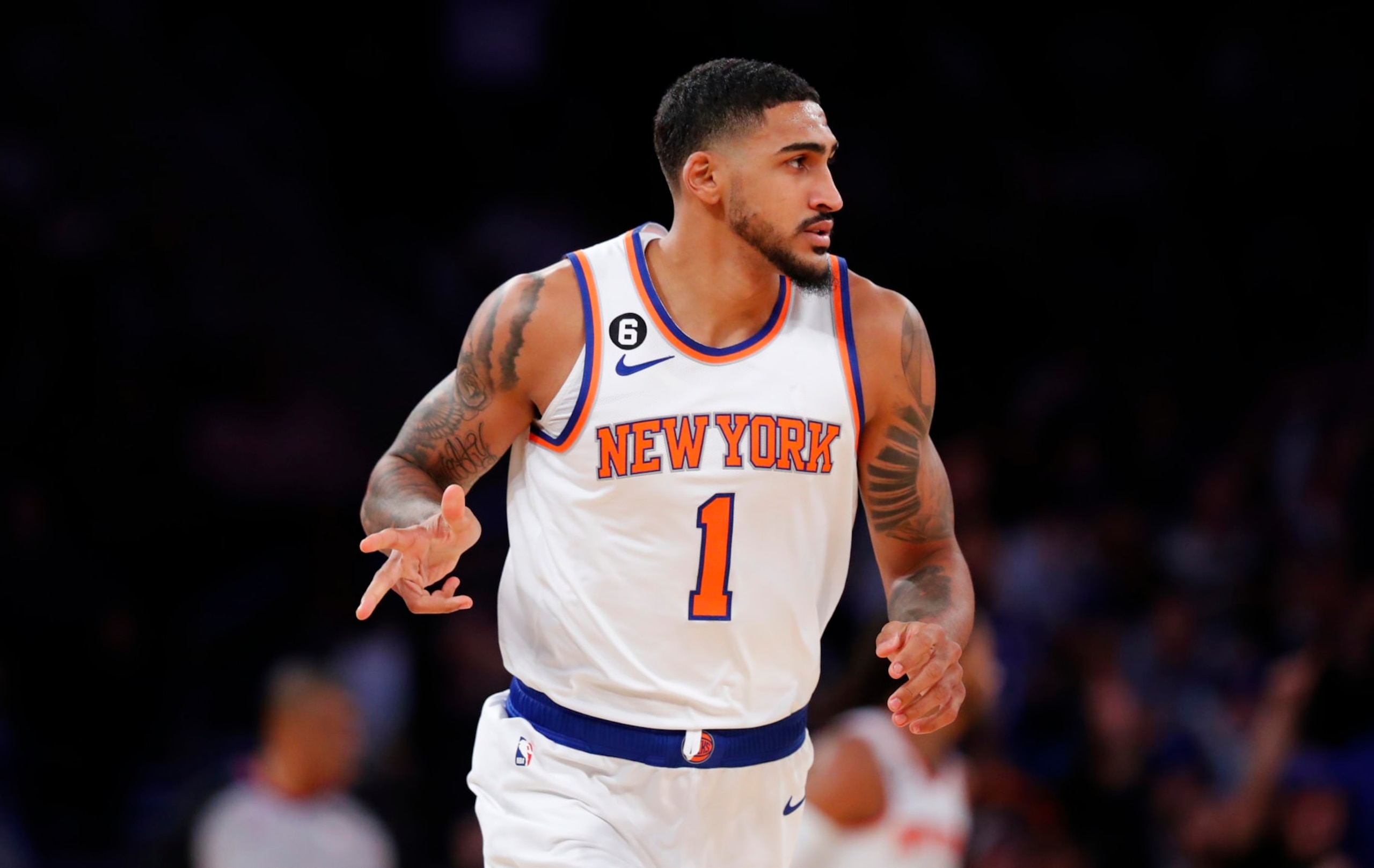 New York Knicks forward Obi Toppin (1) reacts after making a three point shot against the Charlotte Hornets during the second half of an NBA basketball game in New York. Wednesday, Oct. 26, 2022. The New York Knicks won in overtime 134-131. (AP Photo/Noah K. Murray)