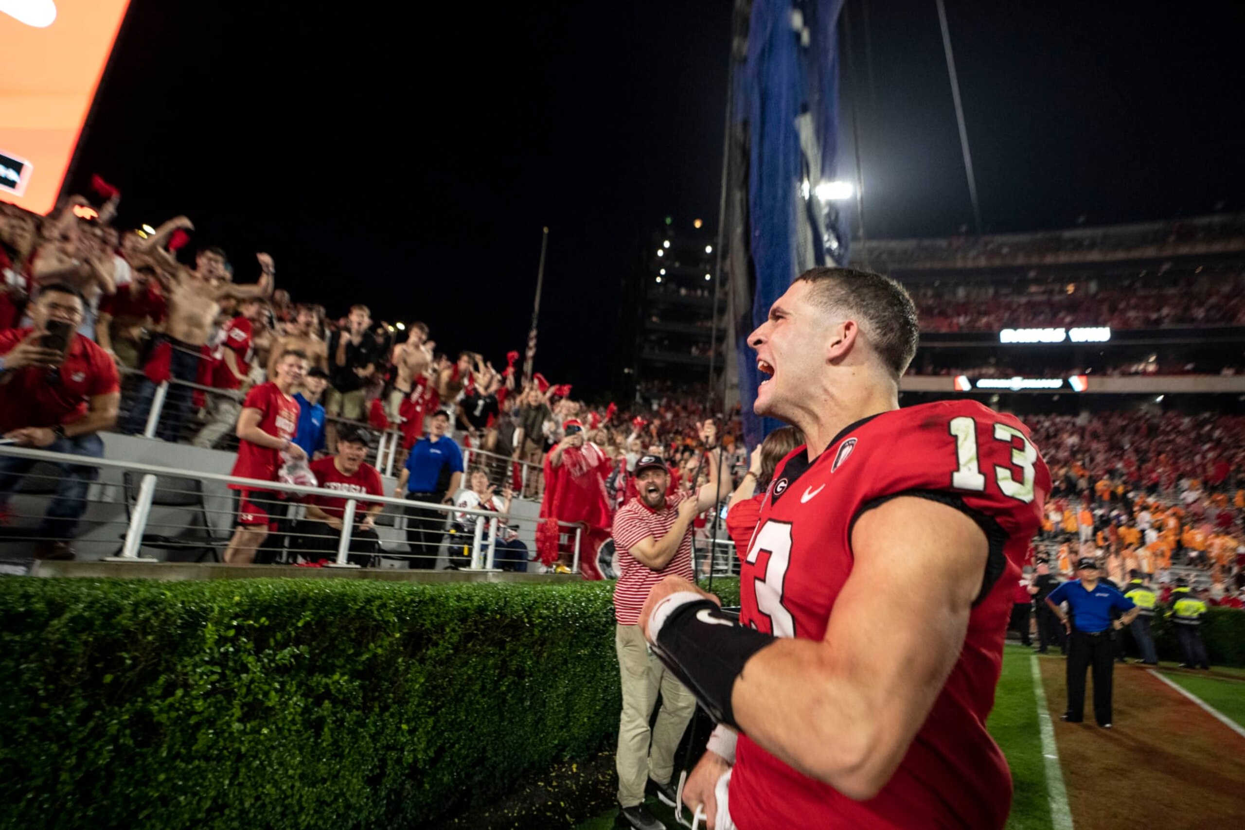 Georgia quarterback Stetson Bennett (13) reacts to the crowd as he leaves the field following Georgia's victory over Tennessee in an NCAA college football game Saturday, Nov. 5, 2022 in Athens, Ga. (AP Photo/John Bazemore) Georgia quarterback Stetson Bennett (13) reacts to the crowd as he leaves the field following Georgia's victory over Tennessee in an NCAA college football game Saturday, Nov. 5, 2022 in Athens, Ga. (AP Photo/John Bazemore)