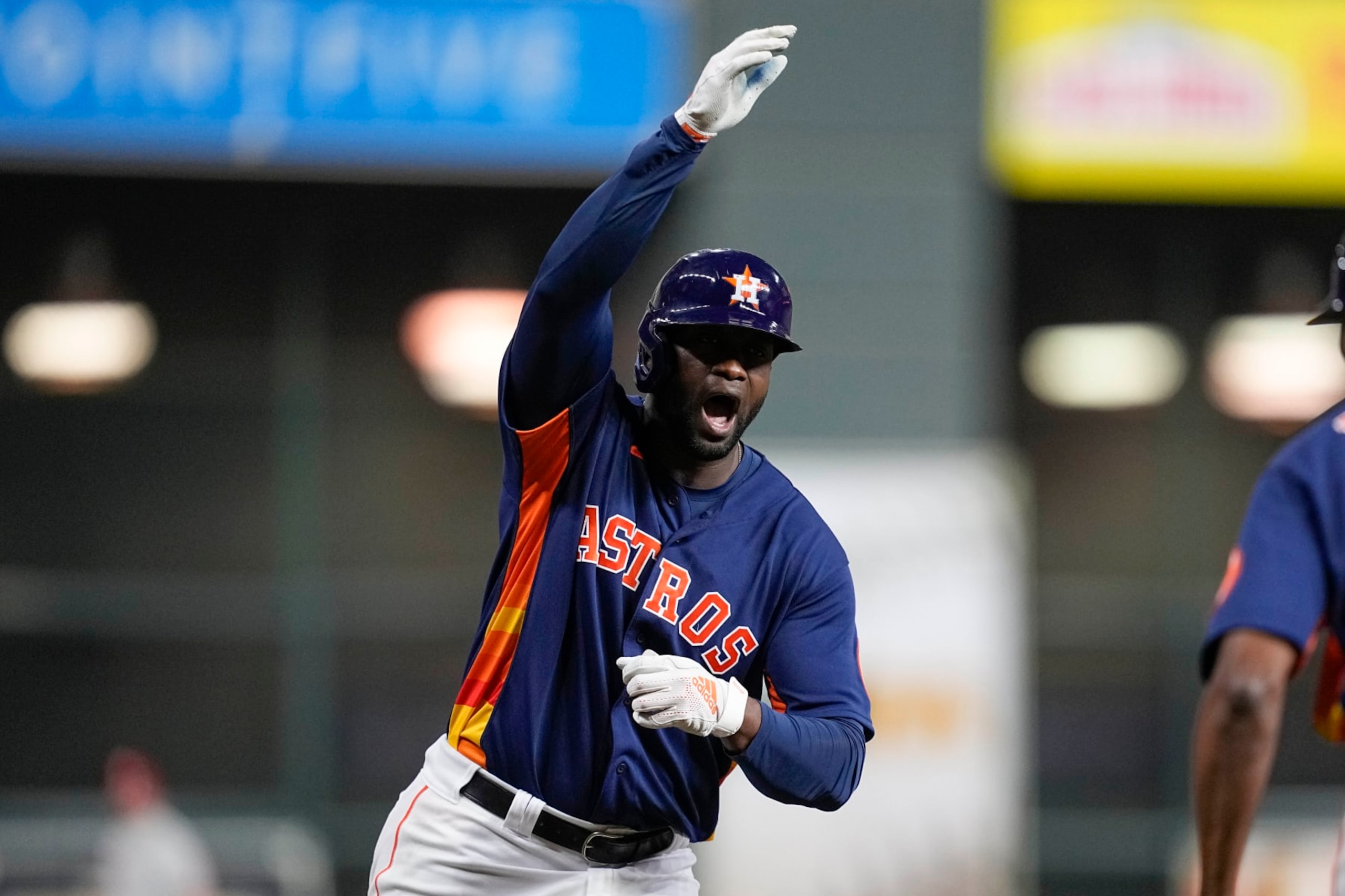 Houston Astros' Yordan Alvarez celebrates his three-run home run during the sixth inning in Game sixth of baseball's World Series between the Houston Astros and the Philadelphia Phillies on Saturday, Nov. 5, 2022, in Houston. (AP Photo/Tony Gutierrez)