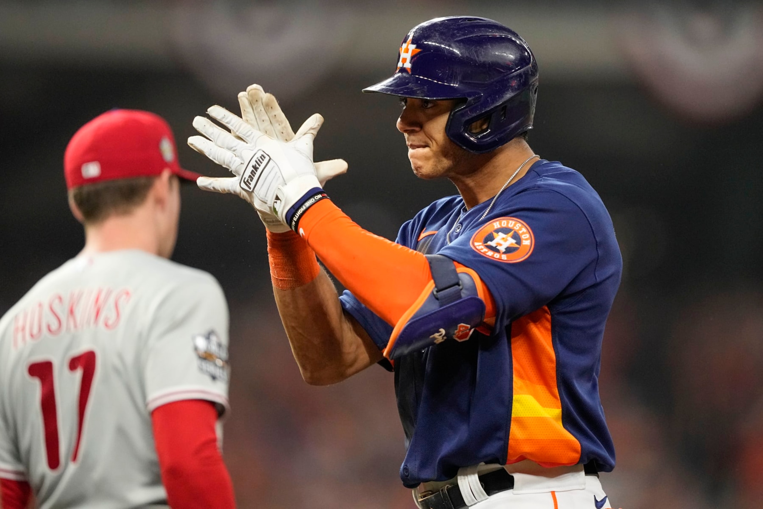 Houston Astros' Jeremy Pena celebrates his single during the sixth inning in Game 6 of baseball's World Series between the Houston Astros and the Philadelphia Phillies on Saturday, Nov. 5, 2022, in Houston. (AP Photo/David J. Phillip) Houston Astros' Jeremy Pena celebrates his single during the sixth inning in Game 6 of baseball's World Series between the Houston Astros and the Philadelphia Phillies on Saturday, Nov. 5, 2022, in Houston. (AP Photo/David J. Phillip)