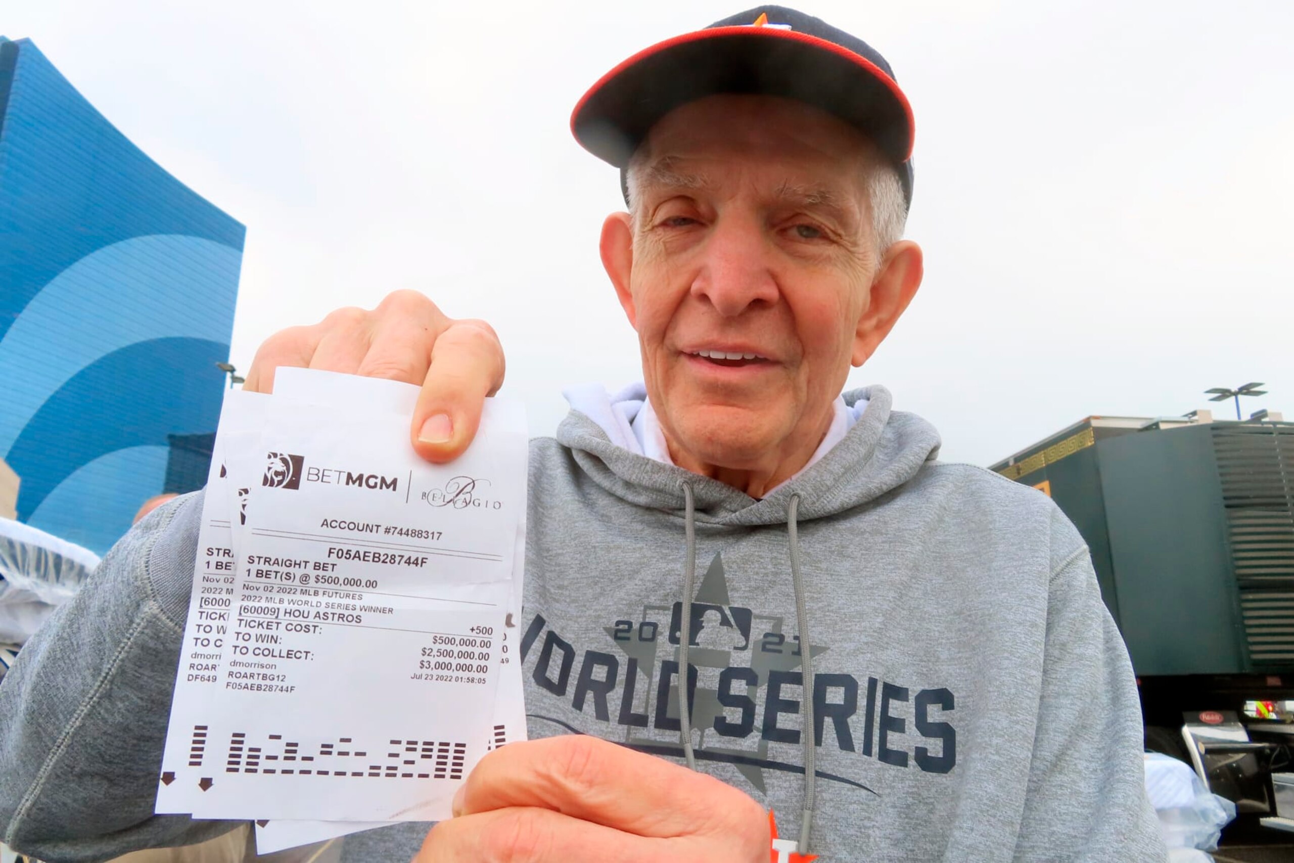 Jim "Mattress Mack" McIngvale, of Houston, holds some of the tickets in Atlantic City N.J., Tuesday, Nov. 1, 2022, showing bets he has made on the Houston Astros to win the baseball World Series. A prolific gambler with a knack for attention-getting bets stands to win nearly $75 million if the Houston Astros win the World Series, including what sports books say would be the largest payout on a single legal sports bet in U.S. history. McIngvale has wagered a total of $10 million with numerous sports books on an Astros victory. (AP Photo/Wayne Parry)