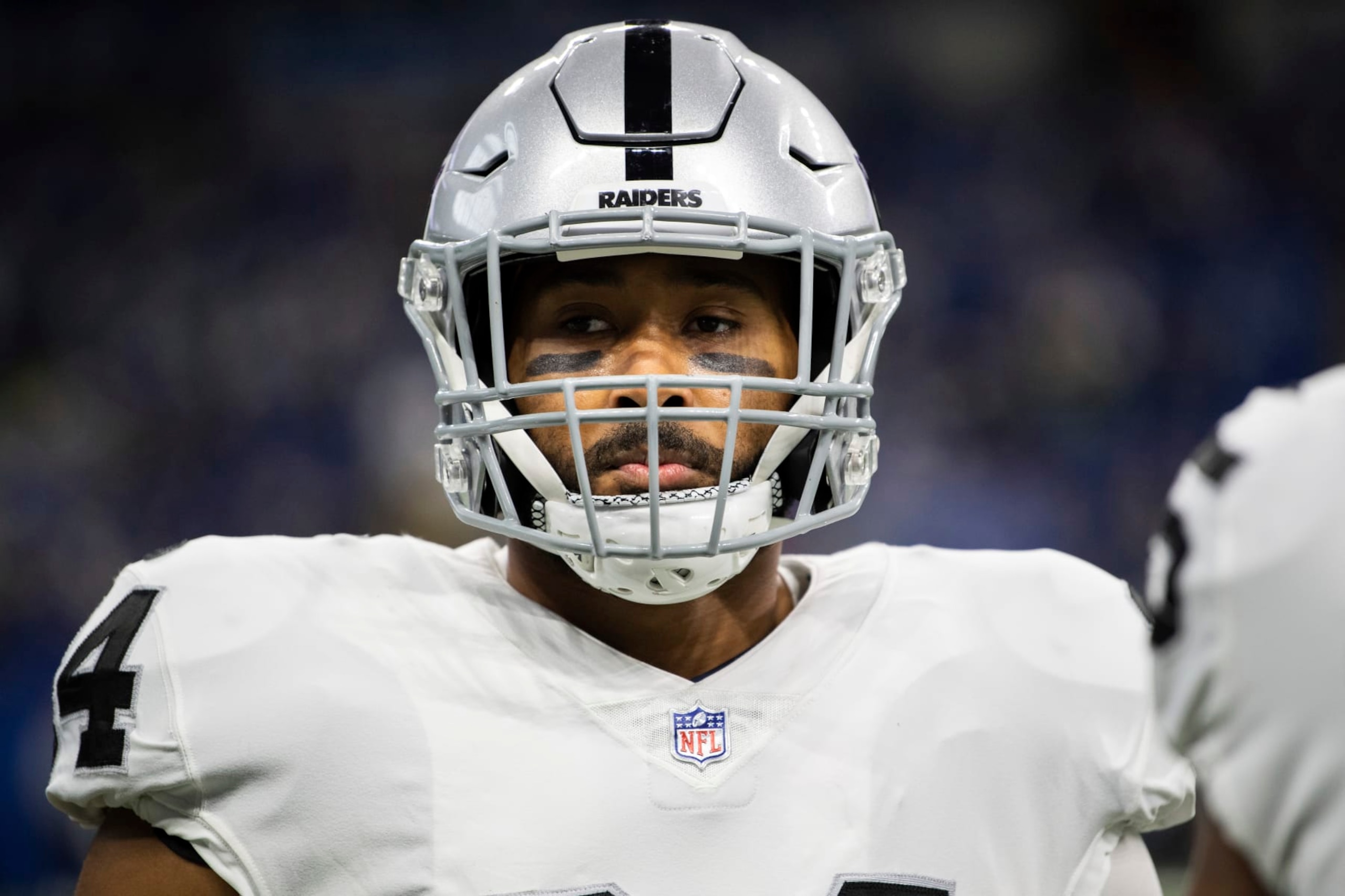 Las Vegas Raiders linebacker K.J. Wright (34) warms up on the field before an NFL football game against the Indianapolis Colts, Sunday, Jan. 2, 2022, in Indianapolis. (AP Photo/Zach Bolinger)