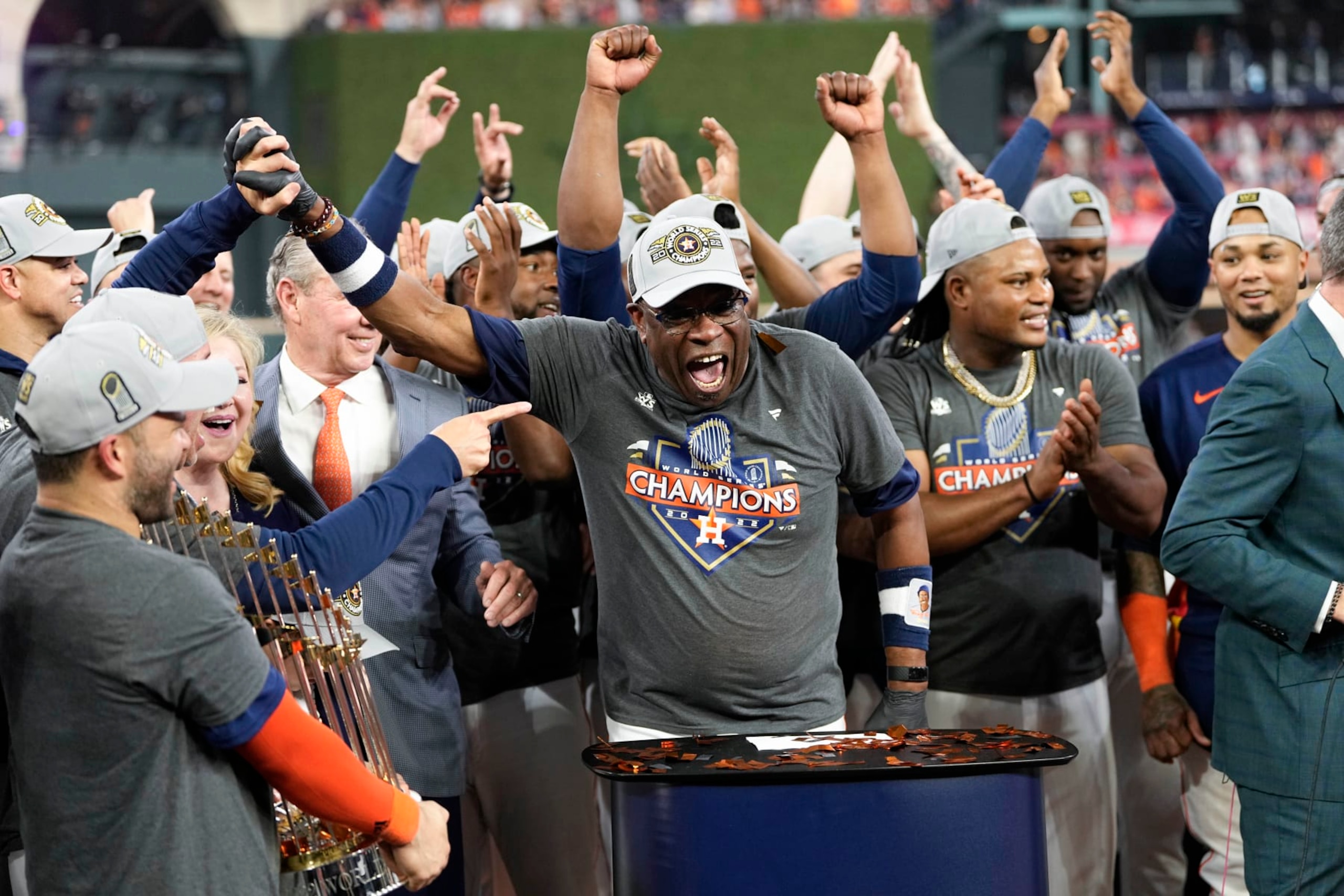 Houston Astros manager Dusty Baker Jr. and the Houston Astros celebrate their 4-1 World Series win against the Philadelphia Phillies in Game 6 on Saturday, Nov. 5, 2022, in Houston. (AP Photo/David J. Phillip)