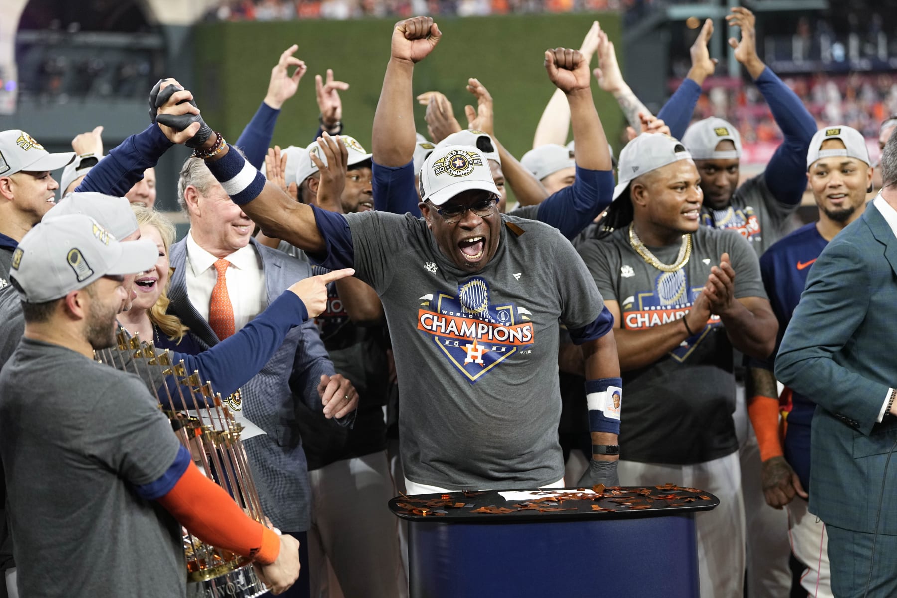 Houston Astros manager Dusty Baker Jr. and the Houston Astros celebrate their 4-1 World Series win against the Philadelphia Phillies in Game 6 on Saturday, Nov. 5, 2022, in Houston. (AP Photo/David J. Phillip)