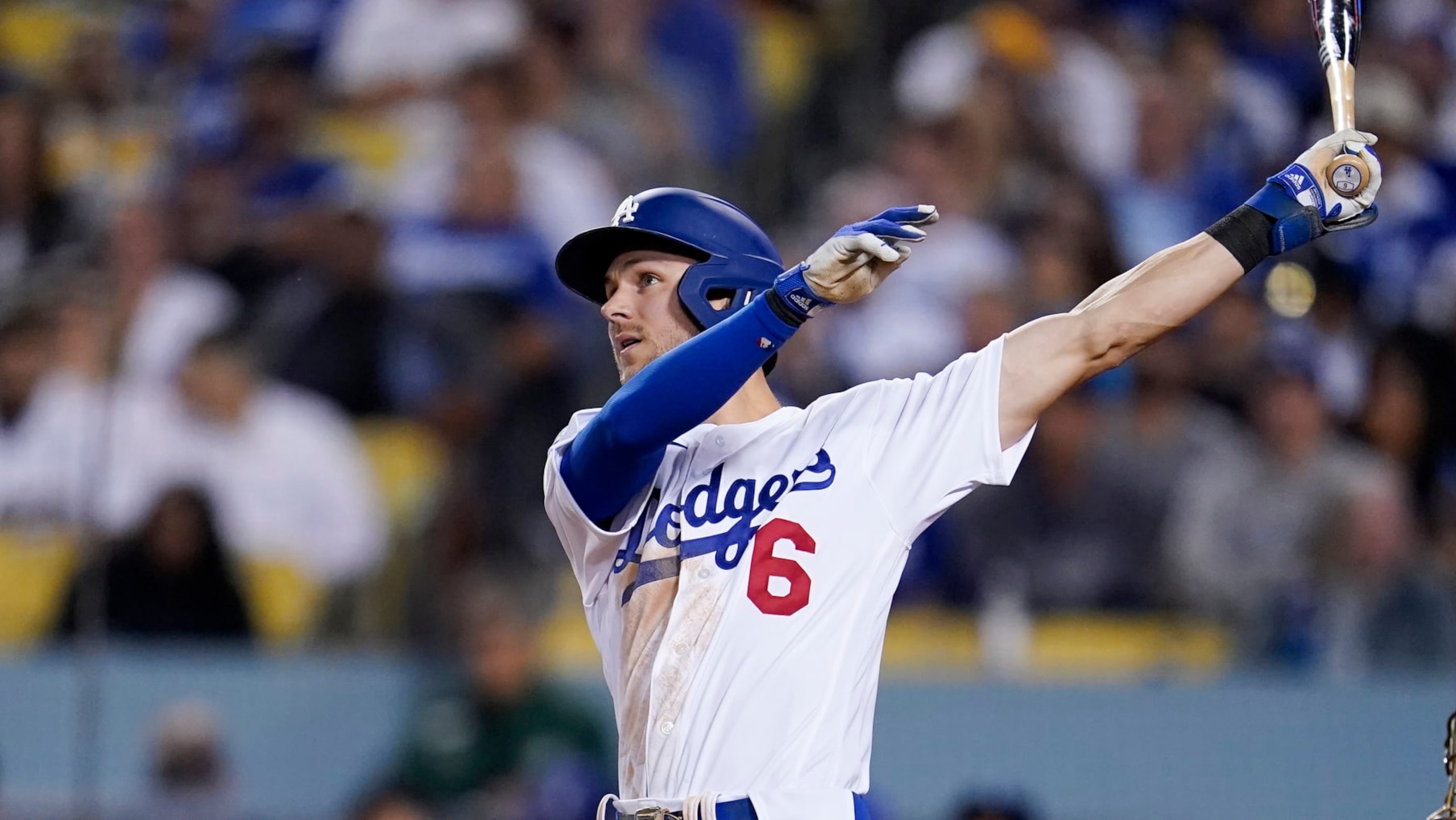 Los Angeles Dodgers' Trea Turner bats during the sixth inning in Game 1 of a baseball NL Division Series against the San Diego Padres Tuesday, Oct. 11, 2022, in Los Angeles. (AP Photo/Marcio Jose Sanchez) Los Angeles Dodgers' Trea Turner bats during the sixth inning in Game 1 of a baseball NL Division Series against the San Diego Padres Tuesday, Oct. 11, 2022, in Los Angeles. (AP Photo/Marcio Jose Sanchez)