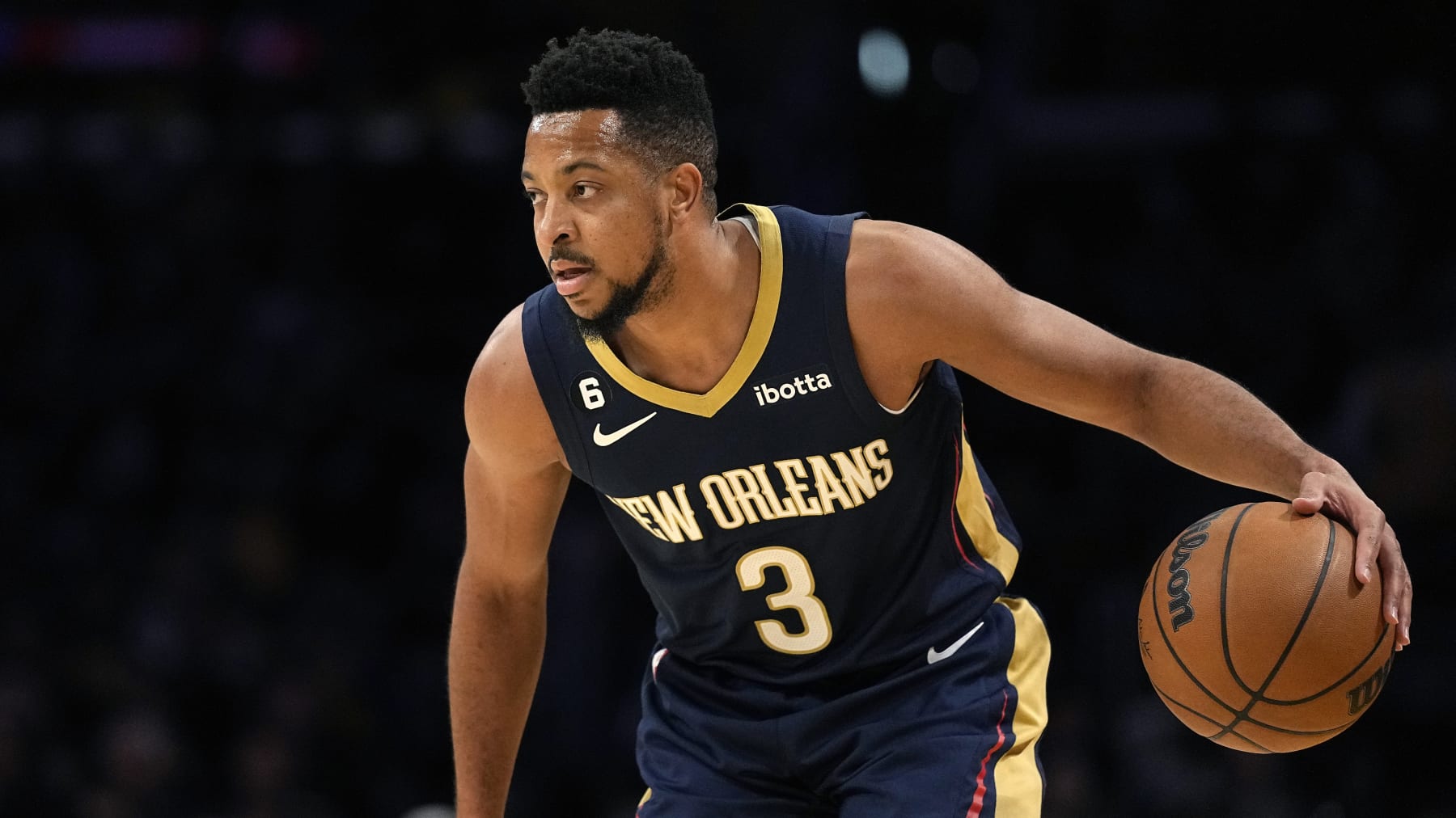 New Orleans Pelicans guard CJ McCollum dribbles during the first half of an NBA basketball game against the Los Angeles Lakers Wednesday, Nov. 2, 2022, in Los Angeles. (AP Photo/Mark J. Terrill)