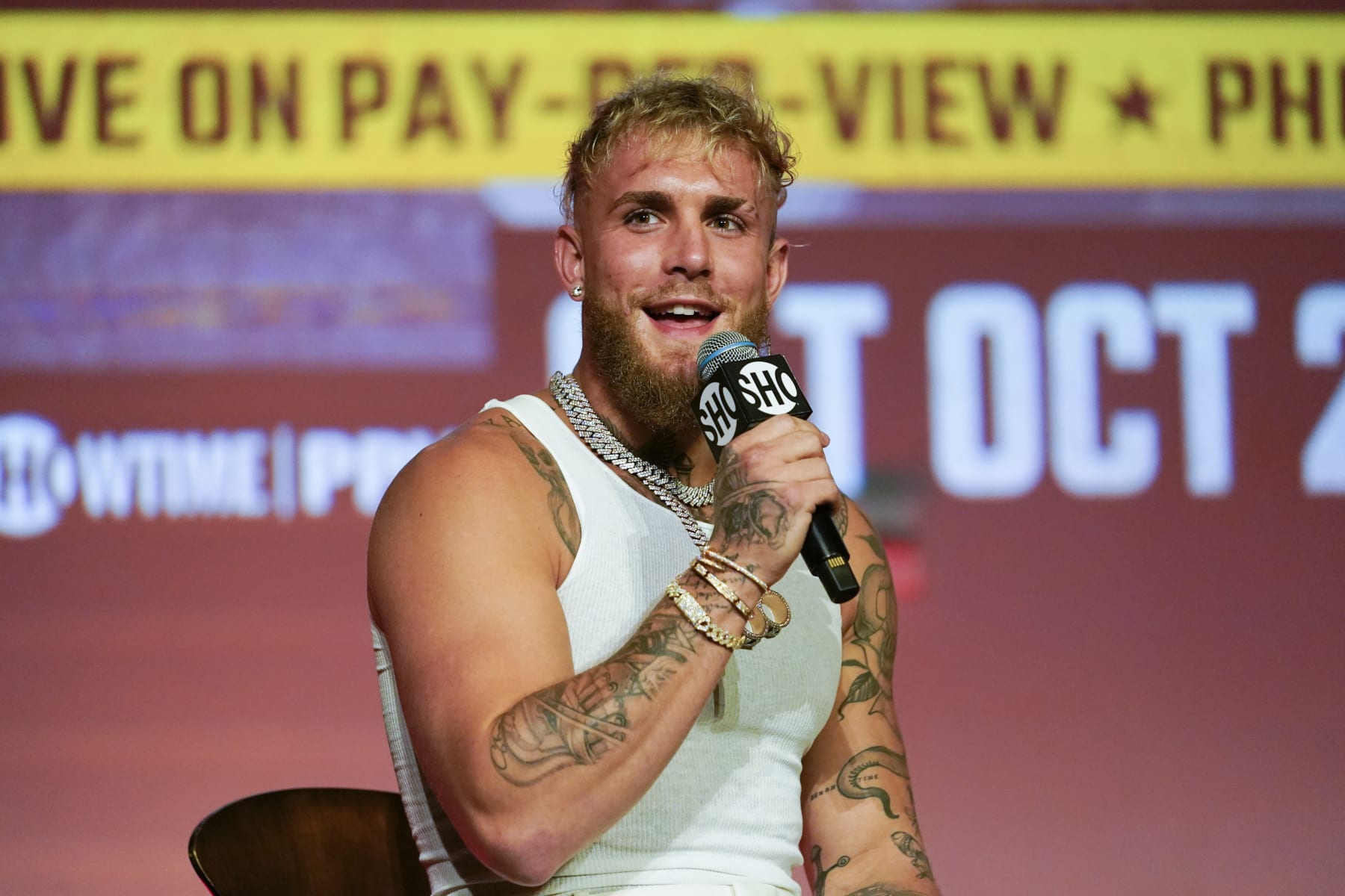 Jake Paul speaks during a news conference Monday, Sept. 12, 2022, in Los Angeles. He is scheduled to fight Anderson Silva at a catchweight of 187 pounds on Oct. 29 in Phoenix. (AP Photo/Ashley Landis)