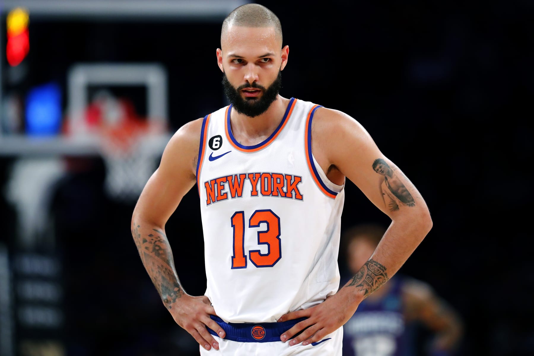 New York Knicks guard Evan Fournier (13) during the second half of an NBA basketball game against the Charlotte Hornets in New York. Wednesday, Oct. 26, 2022. The New York Knicks won in overtime 134-131. (AP Photo/Noah K. Murray)