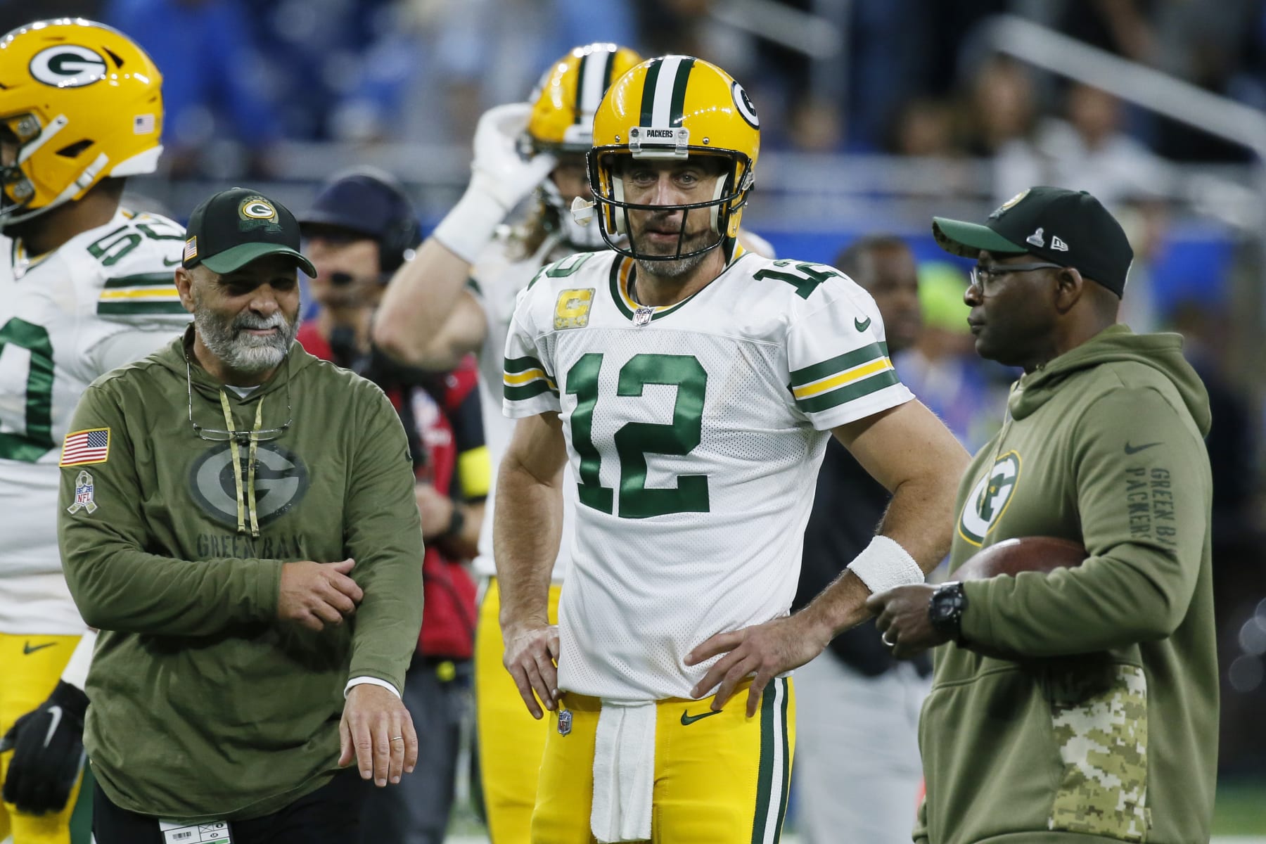 Green Bay Packers quarterback Aaron Rodgers is seen during pregame of an NFL football game against the Detroit Lions, Sunday, Nov. 6, 2022, in Detroit. (AP Photo/Duane Burleson)