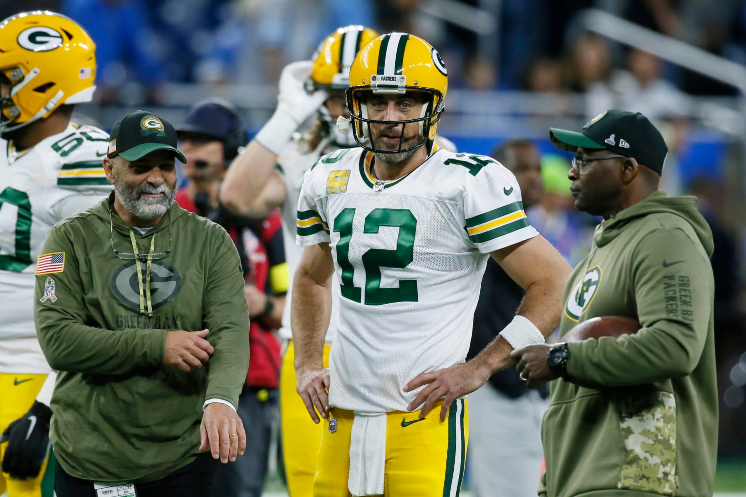 Green Bay Packers quarterback Aaron Rodgers is seen during pregame of an NFL football game against the Detroit Lions, Sunday, Nov. 6, 2022, in Detroit. (AP Photo/Duane Burleson) Green Bay Packers quarterback Aaron Rodgers is seen during pregame of an NFL football game against the Detroit Lions, Sunday, Nov. 6, 2022, in Detroit. (AP Photo/Duane Burleson)
