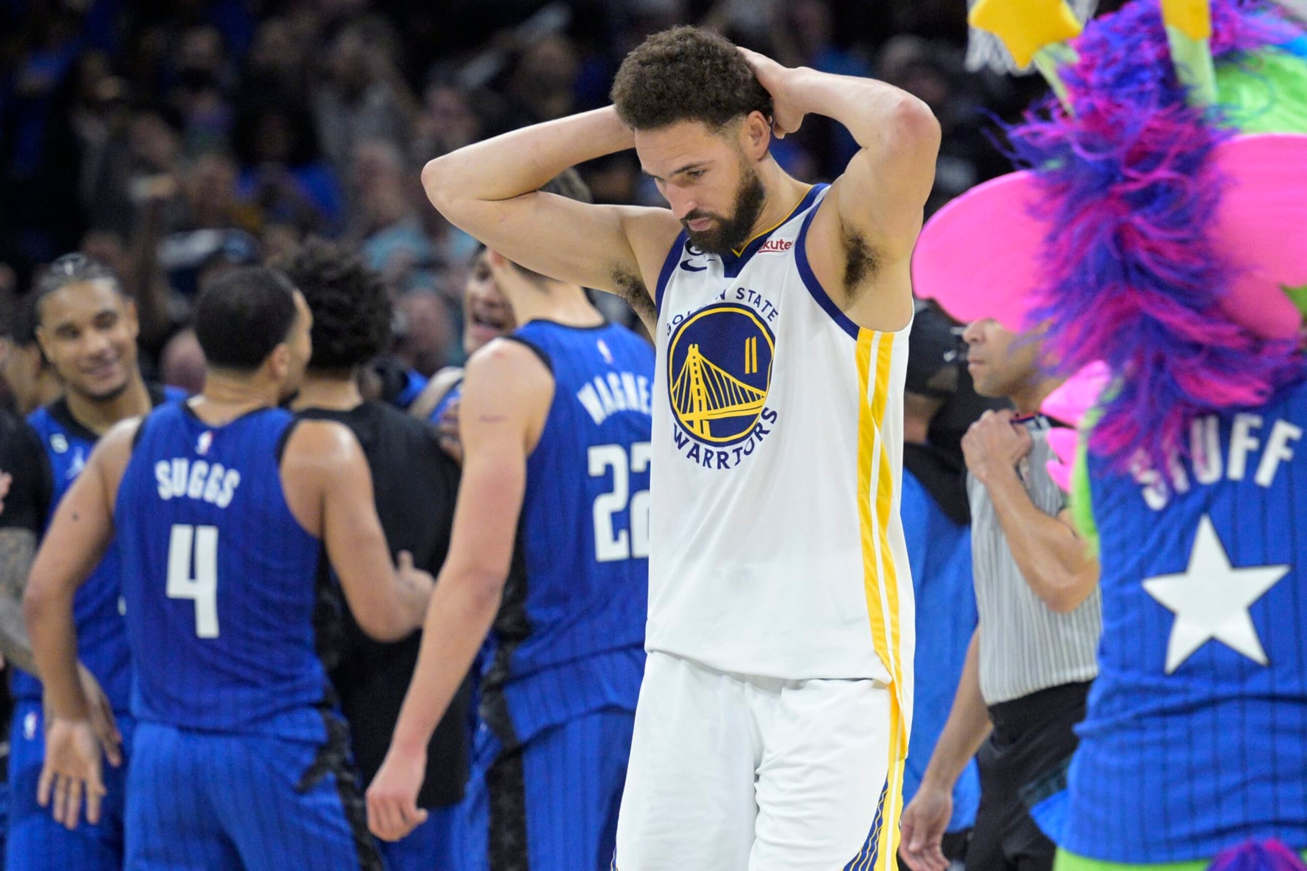Golden State Warriors guard Klay Thompson (11) reacts after missing a last-second basket at the end of an NBA basketball game against the Orlando Magic, Thursday, Nov. 3, 2022, in Orlando, Fla. (AP Photo/Phelan M. Ebenhack)