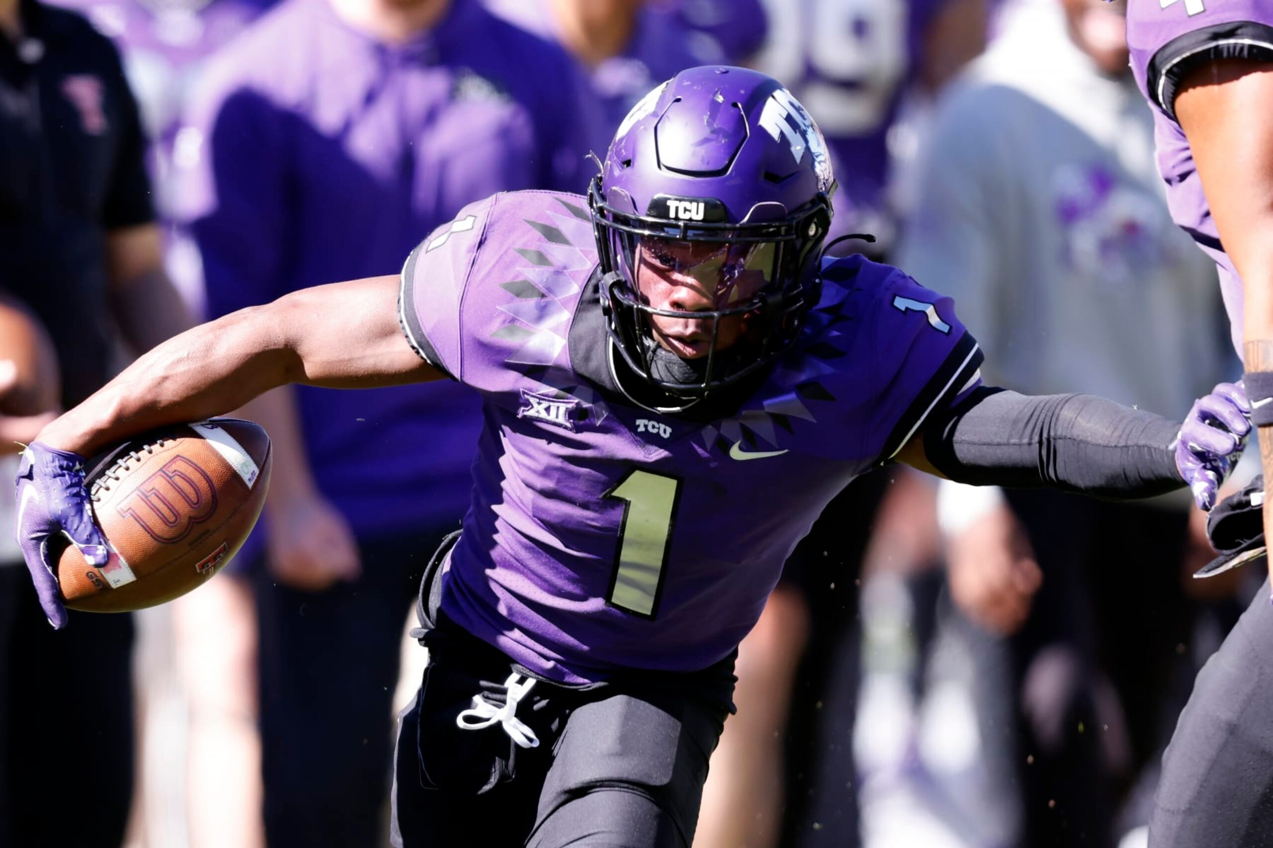 TCU cornerback Tre'Vius Hodges-Tomlinson (1) returns an interception against Texas Tech during the second half of an NCAA college football game Saturday, Nov. 5, 2022, in Fort Worth, Texas. TCU won 34-24.(AP Photo/Ron Jenkins) TCU cornerback Tre'Vius Hodges-Tomlinson (1) returns an interception against Texas Tech during the second half of an NCAA college football game Saturday, Nov. 5, 2022, in Fort Worth, Texas. TCU won 34-24.(AP Photo/Ron Jenkins)