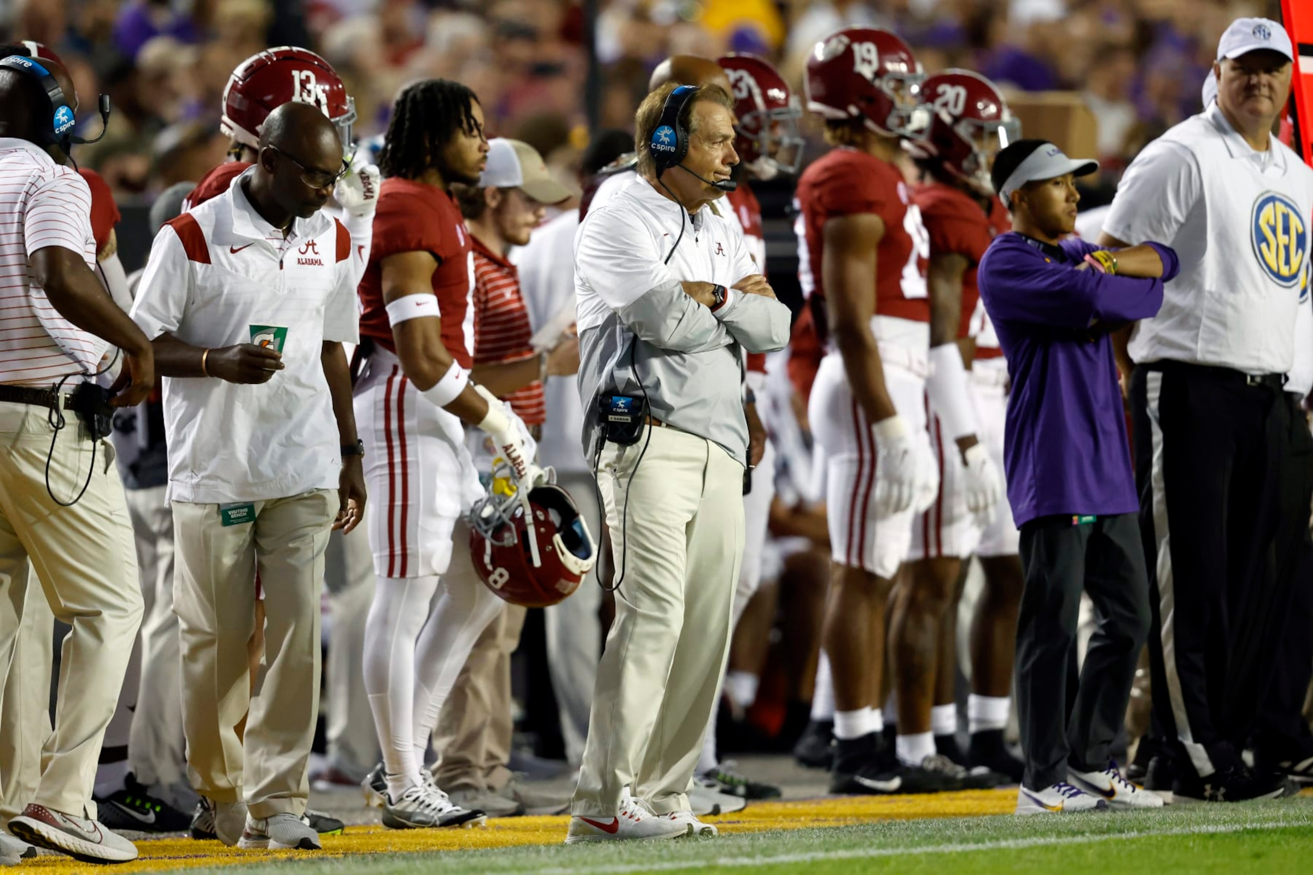 Alabama head coach Nick Saban reacts to a play during the first half of an NCAA college football game against LSU in Baton Rouge, La., Saturday, Nov. 5, 2022. LSU won 32-31 in overtime. (AP Photo/Tyler Kaufman) Alabama head coach Nick Saban reacts to a play during the first half of an NCAA college football game against LSU in Baton Rouge, La., Saturday, Nov. 5, 2022. LSU won 32-31 in overtime. (AP Photo/Tyler Kaufman)