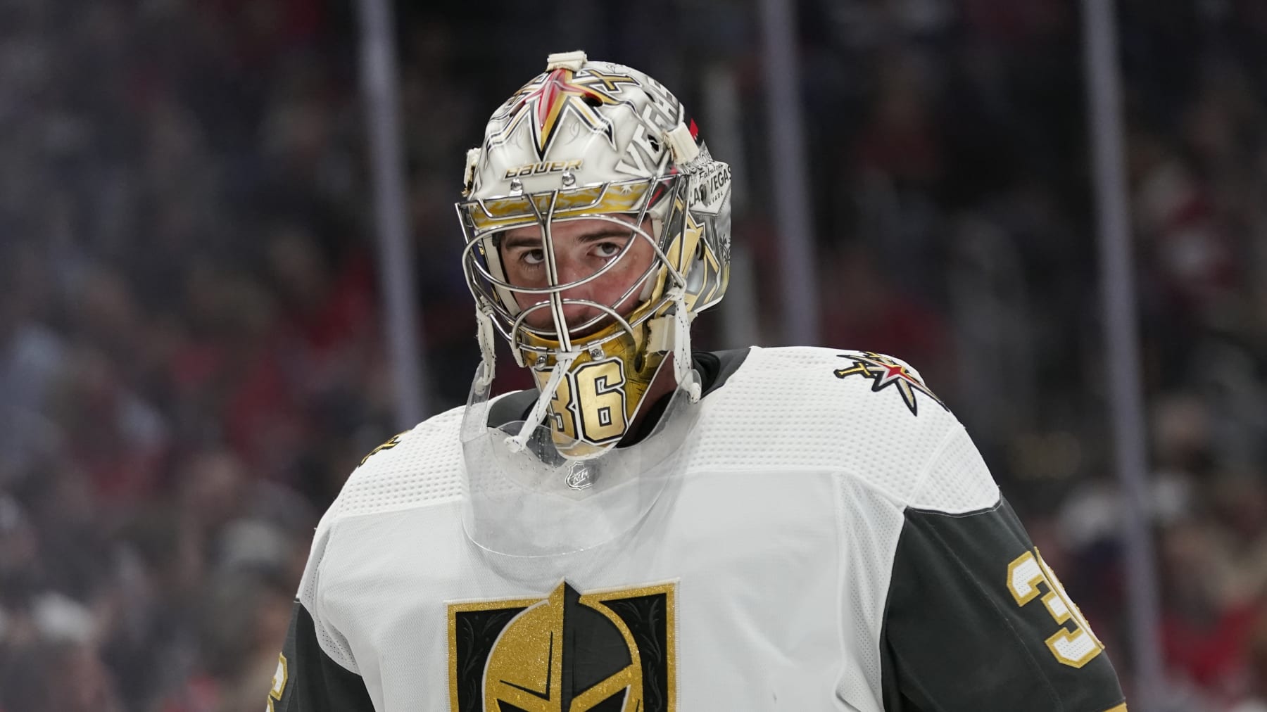 Vegas Golden Knights goaltender Logan Thompson skates in the first period of an NHL hockey game against the Washington Capitals, Tuesday, Nov. 1, 2022, in Washington. (AP Photo/Patrick Semansky)