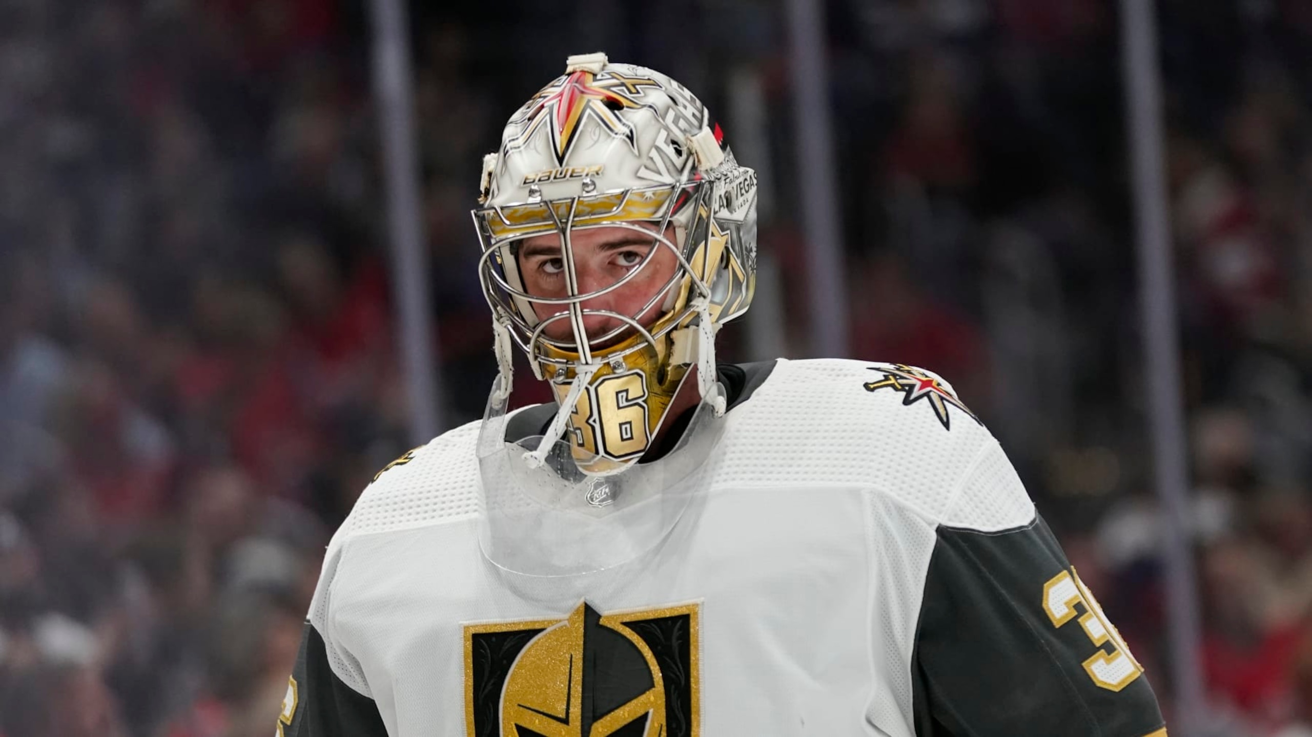 Vegas Golden Knights goaltender Logan Thompson skates in the first period of an NHL hockey game against the Washington Capitals, Tuesday, Nov. 1, 2022, in Washington. (AP Photo/Patrick Semansky) Vegas Golden Knights goaltender Logan Thompson skates in the first period of an NHL hockey game against the Washington Capitals, Tuesday, Nov. 1, 2022, in Washington. (AP Photo/Patrick Semansky)