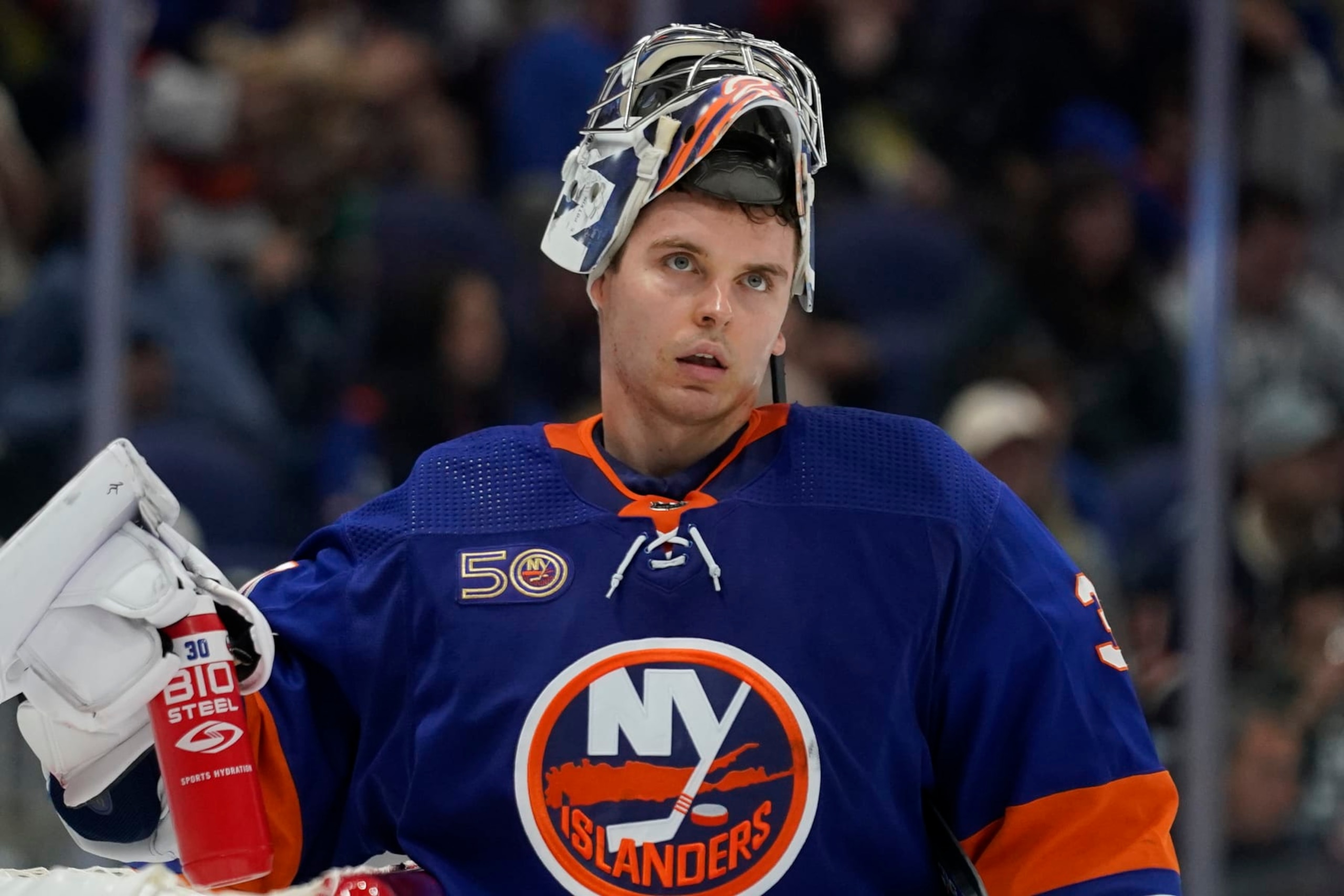 New York Islanders goaltender Ilya Sorokin (30) waits for play to resume in the third period of an NHL hockey game against the New York Rangers, Wednesday, Oct. 26, 2022, in Elmont, N.Y. The Islanders won 3-0. (AP Photo/John Minchillo) New York Islanders goaltender Ilya Sorokin (30) waits for play to resume in the third period of an NHL hockey game against the New York Rangers, Wednesday, Oct. 26, 2022, in Elmont, N.Y. The Islanders won 3-0. (AP Photo/John Minchillo)