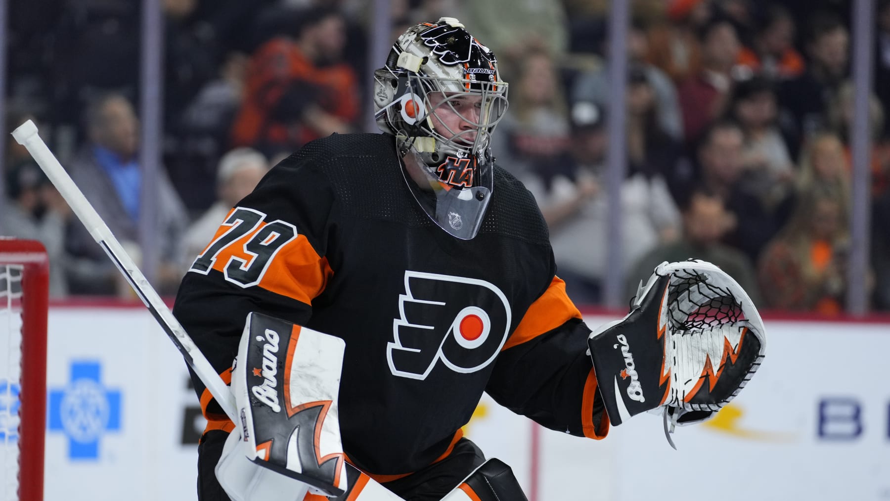 Philadelphia Flyers' Carter Hart plays during an NHL hockey game, Thursday, Oct. 27, 2022, in Philadelphia. (AP Photo/Matt Slocum)