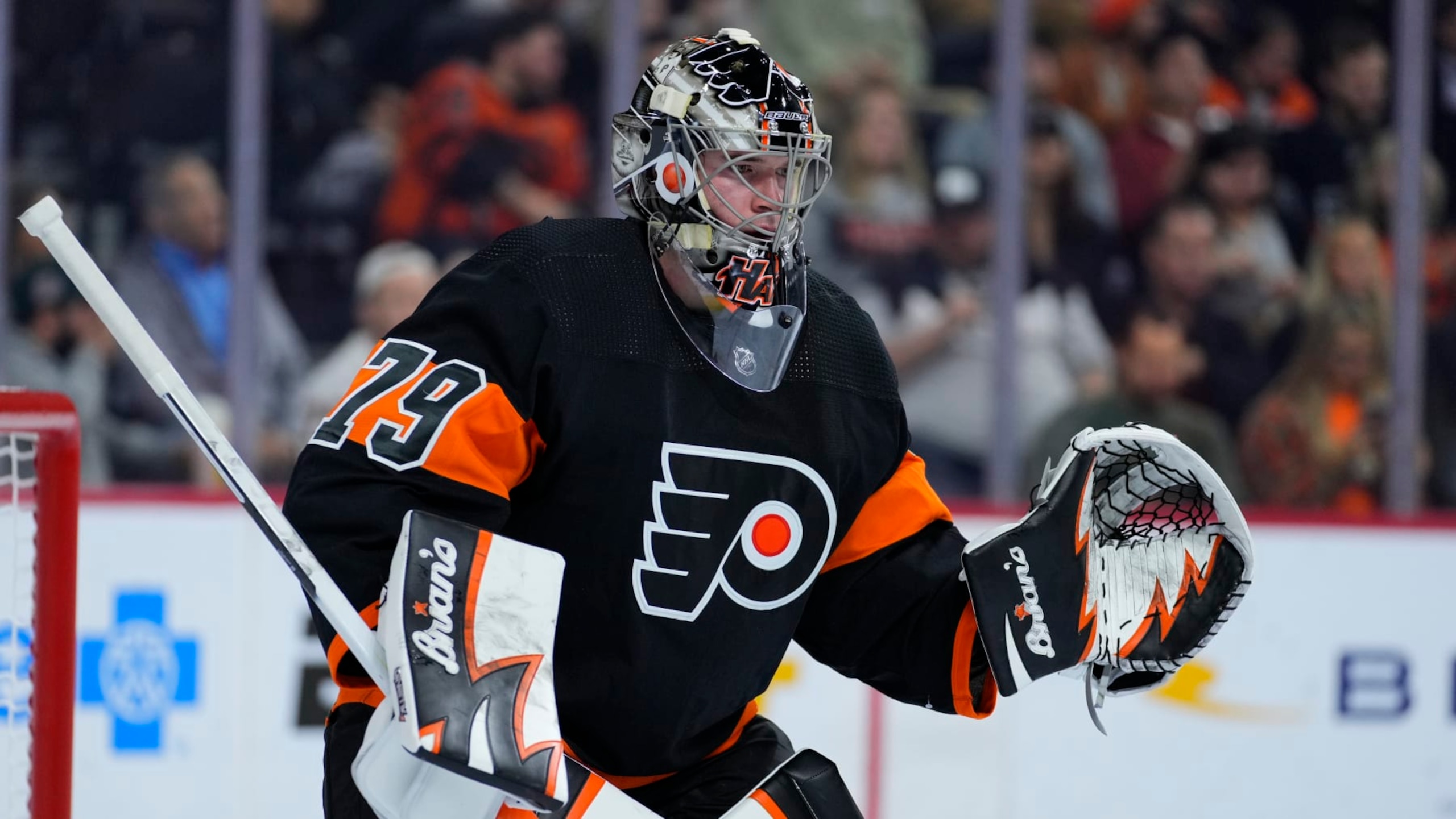 Philadelphia Flyers' Carter Hart plays during an NHL hockey game, Thursday, Oct. 27, 2022, in Philadelphia. (AP Photo/Matt Slocum) Philadelphia Flyers' Carter Hart plays during an NHL hockey game, Thursday, Oct. 27, 2022, in Philadelphia. (AP Photo/Matt Slocum)
