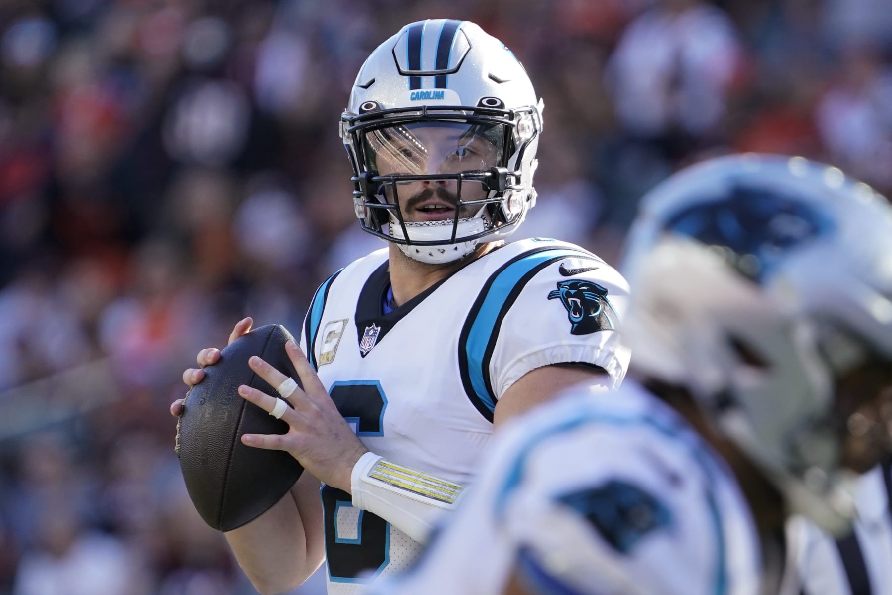 Carolina Panthers quarterback Baker Mayfield (6) passes against the Cincinnati Bengals during the second half of an NFL football game, Sunday, Nov. 6, 2022, in Cincinnati. (AP Photo/Joshua A. Bickel)