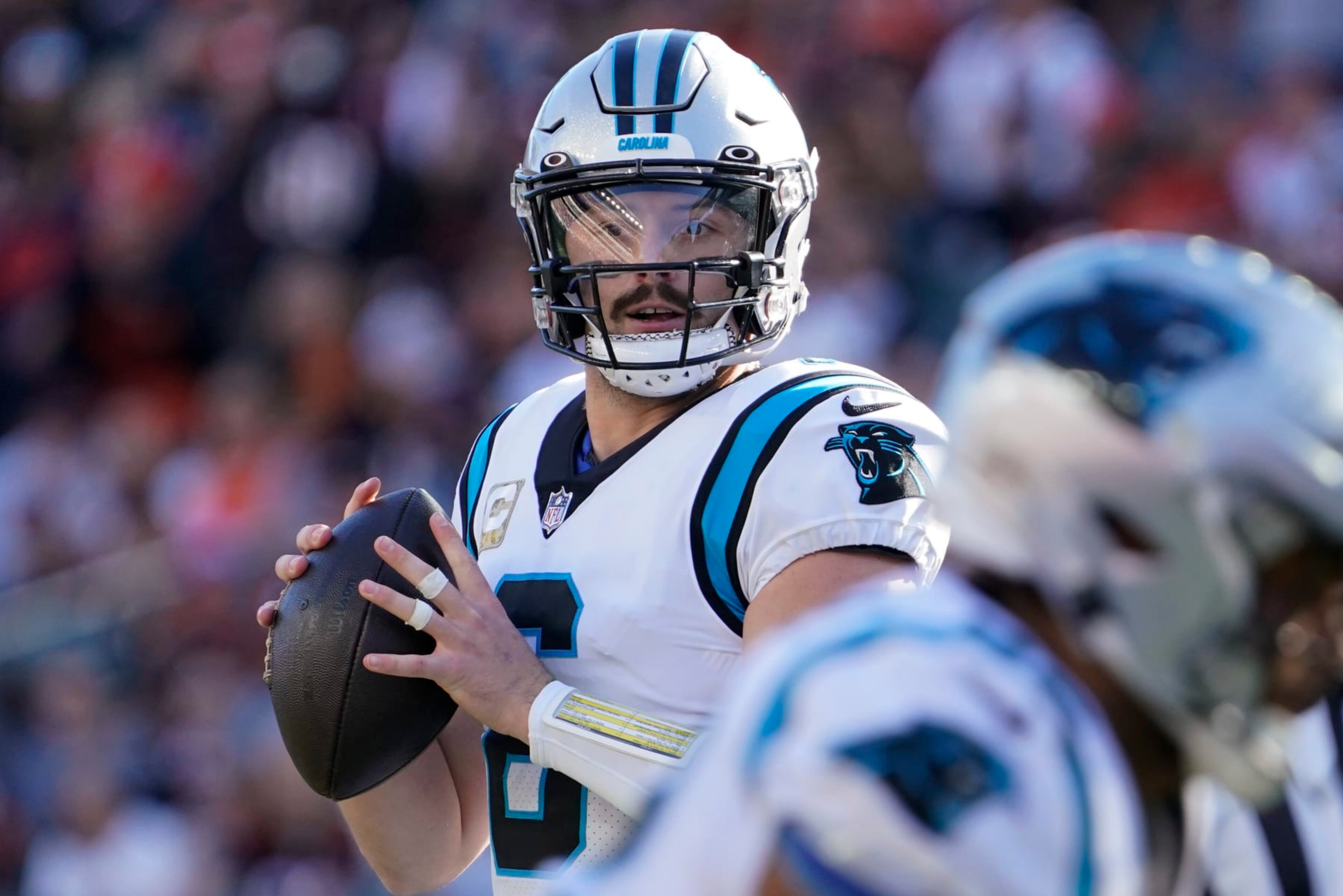 Carolina Panthers quarterback Baker Mayfield (6) passes against the Cincinnati Bengals during the second half of an NFL football game, Sunday, Nov. 6, 2022, in Cincinnati. (AP Photo/Joshua A. Bickel)