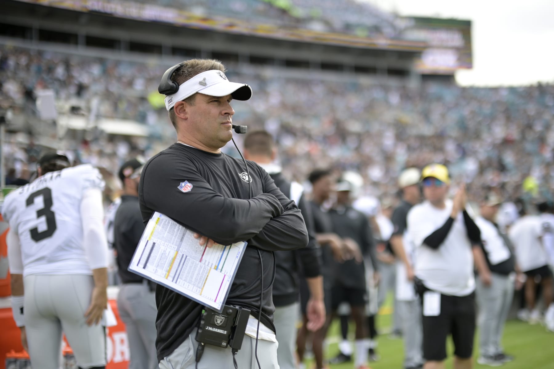 Las Vegas Raiders head coach Josh McDaniels watches from the sideline prior to the start of an NFL football game against the Jacksonville Jaguars, Sunday, Nov. 6, 2022, in Jacksonville, Fla. (AP Photo/Phelan M. Ebenhack)