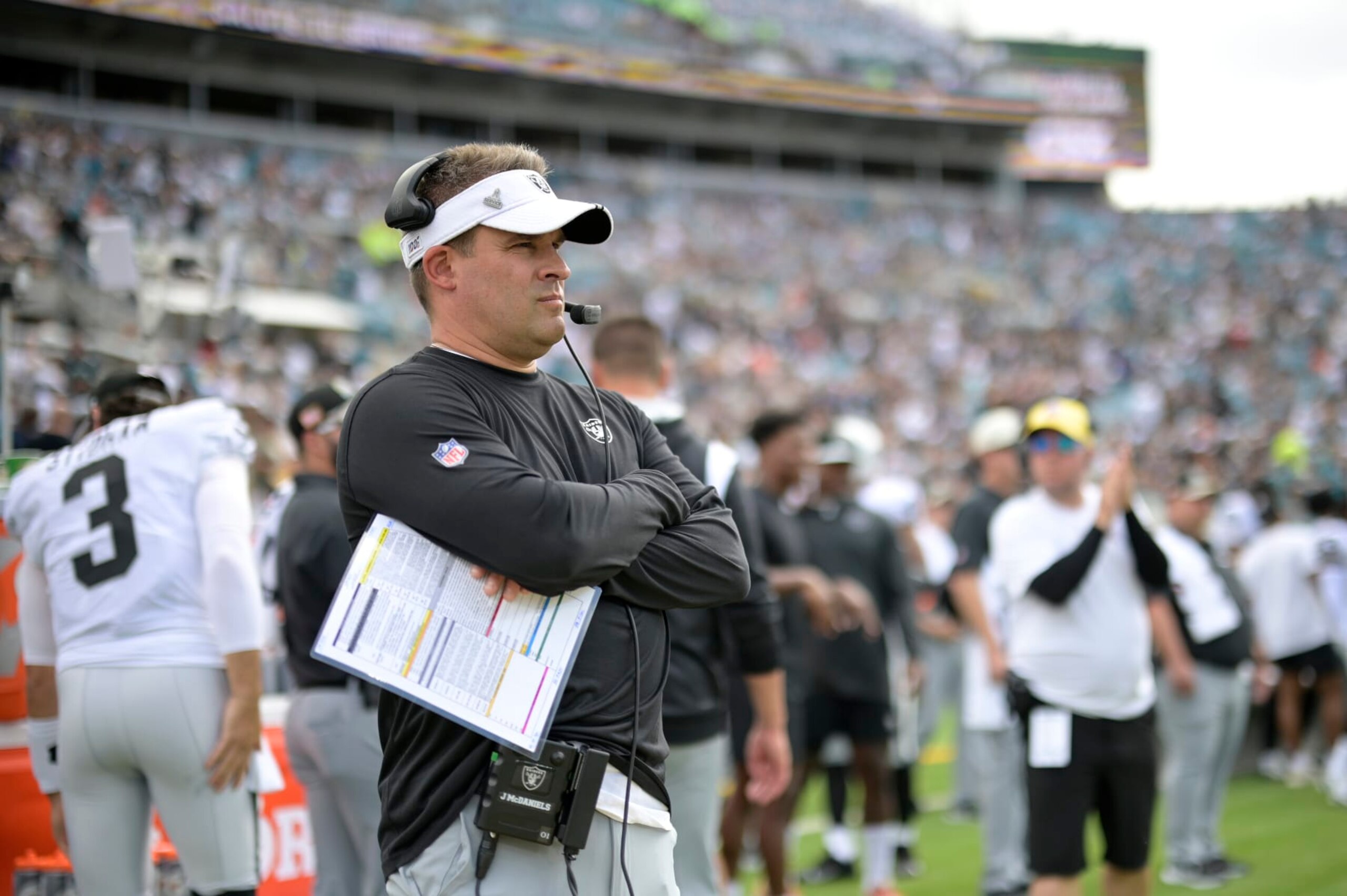Las Vegas Raiders head coach Josh McDaniels watches from the sideline prior to the start of an NFL football game against the Jacksonville Jaguars, Sunday, Nov. 6, 2022, in Jacksonville, Fla. (AP Photo/Phelan M. Ebenhack) Las Vegas Raiders head coach Josh McDaniels watches from the sideline prior to the start of an NFL football game against the Jacksonville Jaguars, Sunday, Nov. 6, 2022, in Jacksonville, Fla. (AP Photo/Phelan M. Ebenhack)