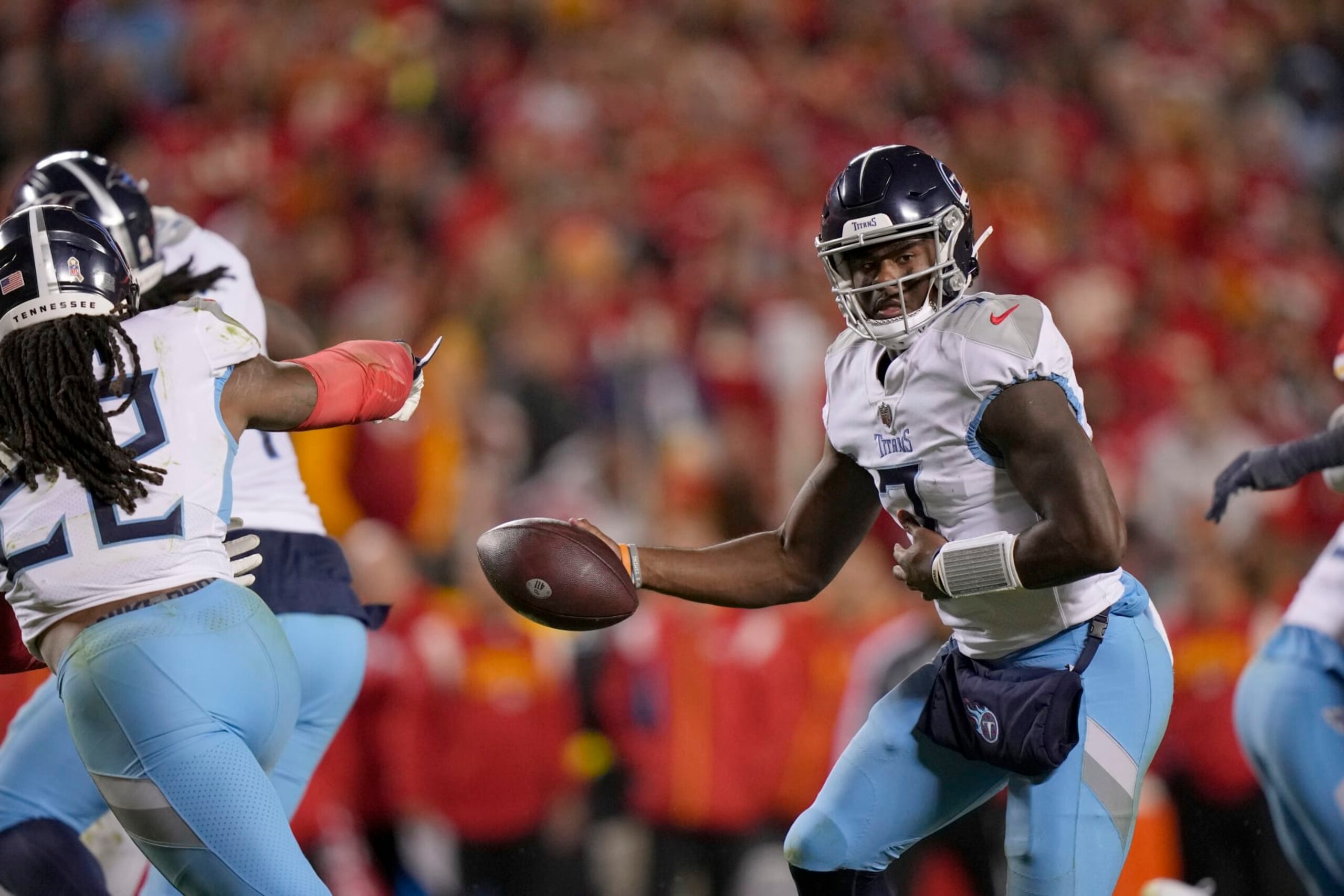Tennessee Titans quarterback Malik Willis drops back during the second half of an NFL football game against the Kansas City Chiefs Sunday, Nov. 6, 2022, in Kansas City, Mo. (AP Photo/Charlie Riedel) Tennessee Titans quarterback Malik Willis drops back during the second half of an NFL football game against the Kansas City Chiefs Sunday, Nov. 6, 2022, in Kansas City, Mo. (AP Photo/Charlie Riedel)