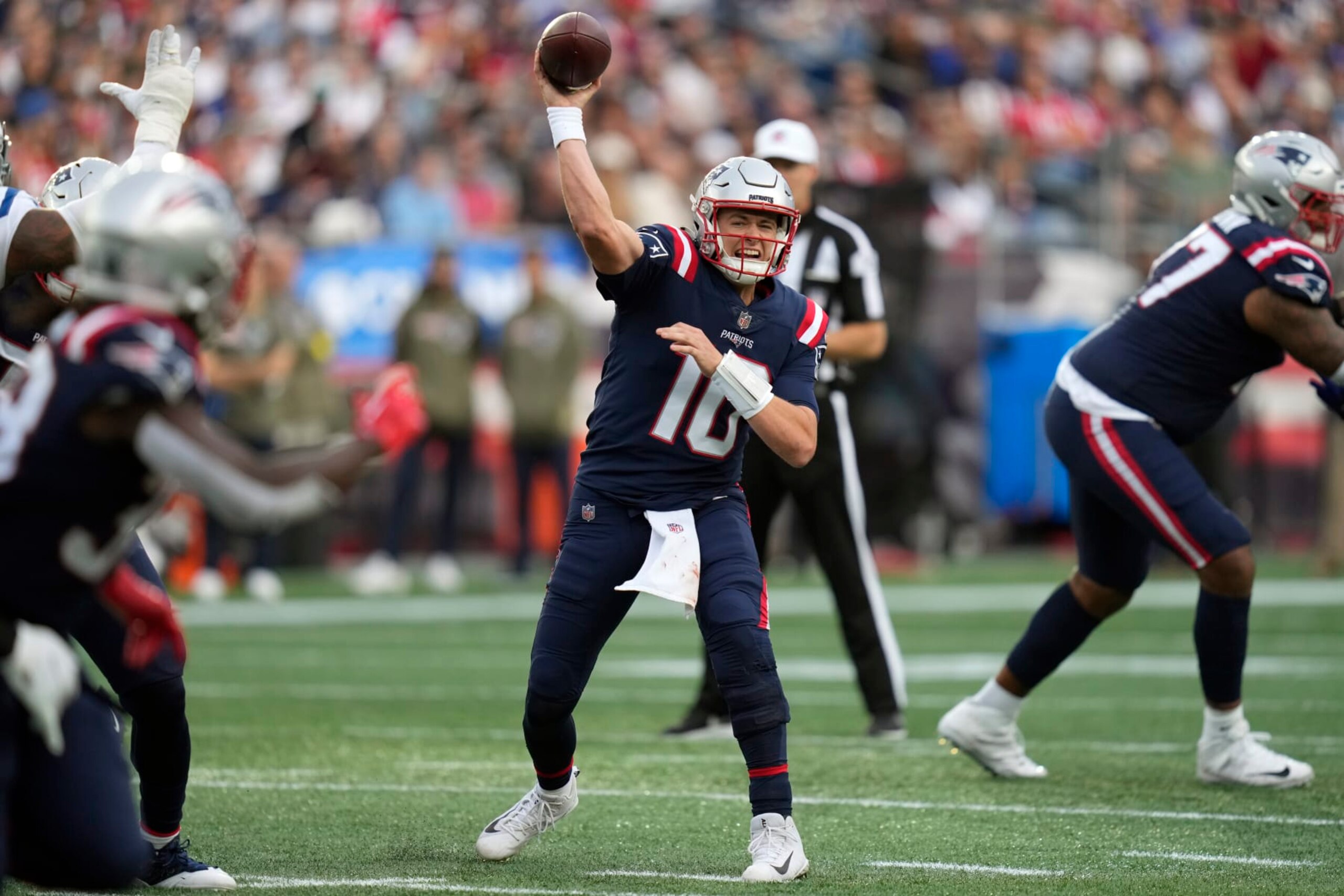 New England Patriots quarterback Mac Jones (10) passes during an NFL football game between the Indianapolis Colts and the Patriots, Sunday, Nov. 6, 2022, in Foxborough, Mass. (AP Photo/Charles Krupa) New England Patriots quarterback Mac Jones (10) passes during an NFL football game between the Indianapolis Colts and the Patriots, Sunday, Nov. 6, 2022, in Foxborough, Mass. (AP Photo/Charles Krupa)