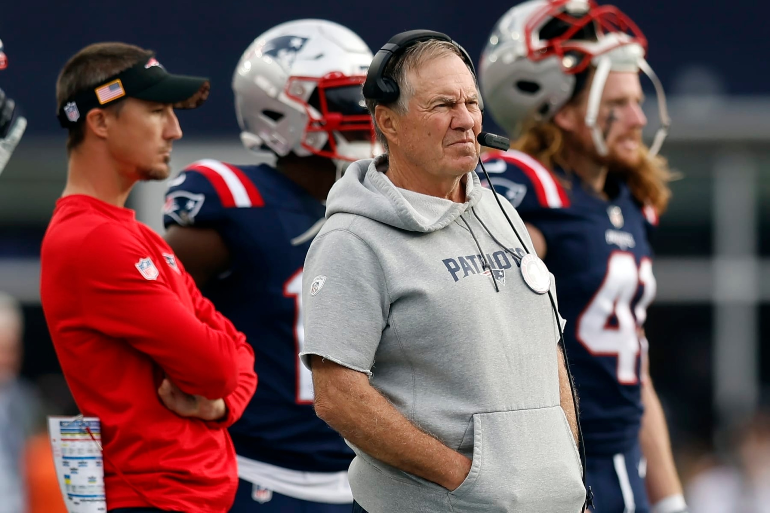 New England Patriots head coach Bill Belichick in the first half of an NFL football game against the Indianapolis Colts, Sunday, Nov. 6, 2022, in Foxborough, Mass. (AP Photo/Michael Dwyer) New England Patriots head coach Bill Belichick in the first half of an NFL football game against the Indianapolis Colts, Sunday, Nov. 6, 2022, in Foxborough, Mass. (AP Photo/Michael Dwyer)