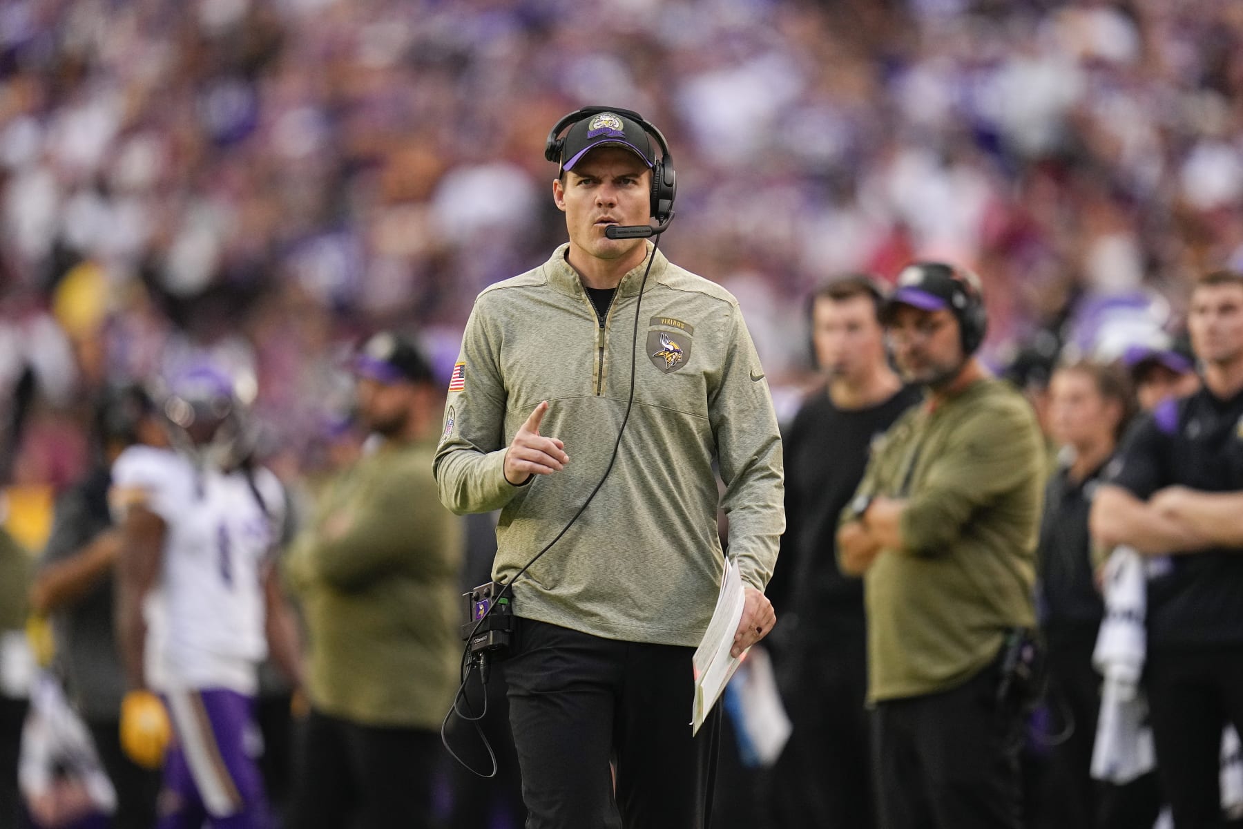 Minnesota Vikings head coach Kevin O'Connell during the second half of an NFL football game against the Washington Commanders, Sunday, Nov. 6, 2022, in Landover, Md. (AP Photo/Julio Cortez)
