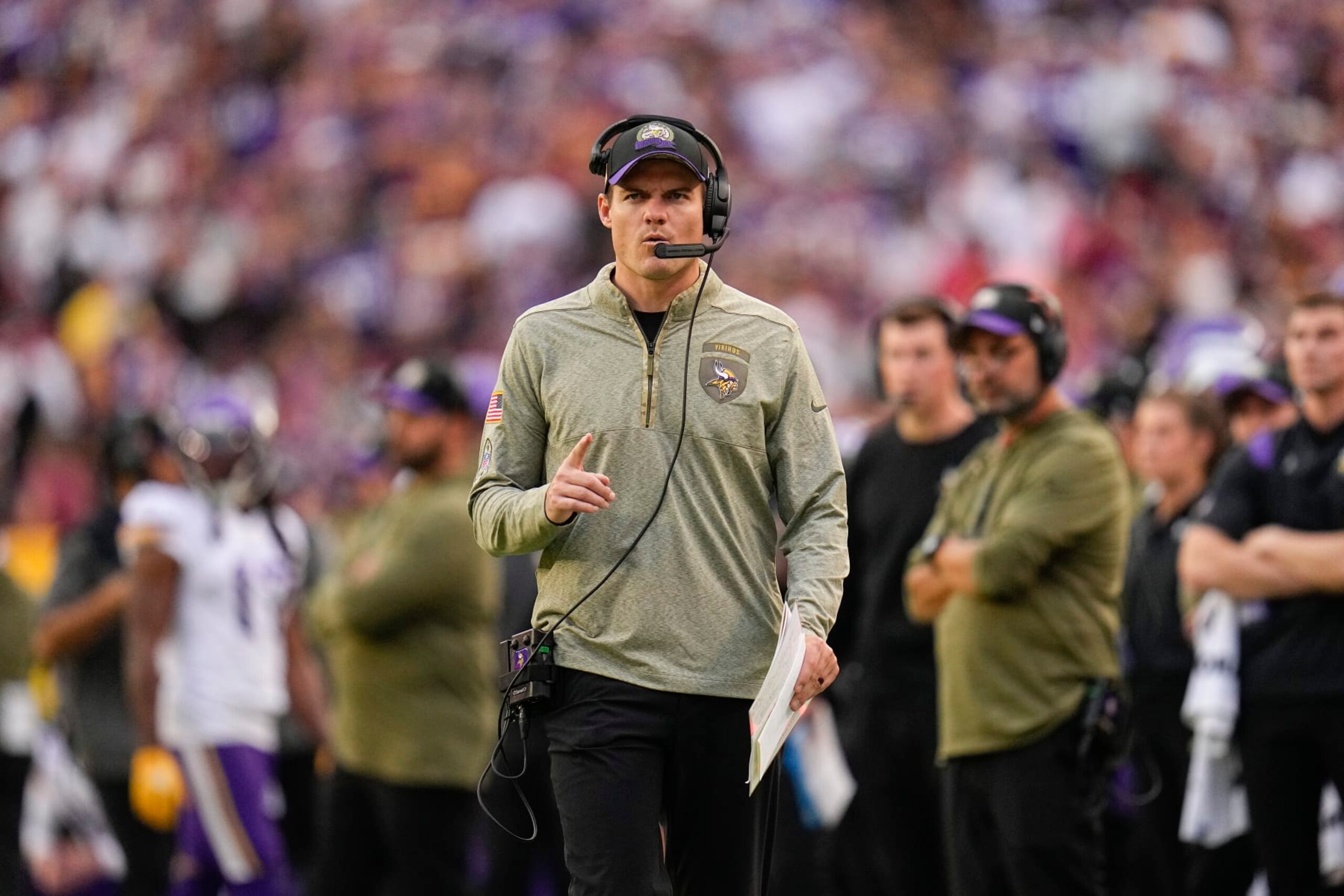 Minnesota Vikings head coach Kevin O'Connell during the second half of an NFL football game against the Washington Commanders, Sunday, Nov. 6, 2022, in Landover, Md. (AP Photo/Julio Cortez) Minnesota Vikings head coach Kevin O'Connell during the second half of an NFL football game against the Washington Commanders, Sunday, Nov. 6, 2022, in Landover, Md. (AP Photo/Julio Cortez)